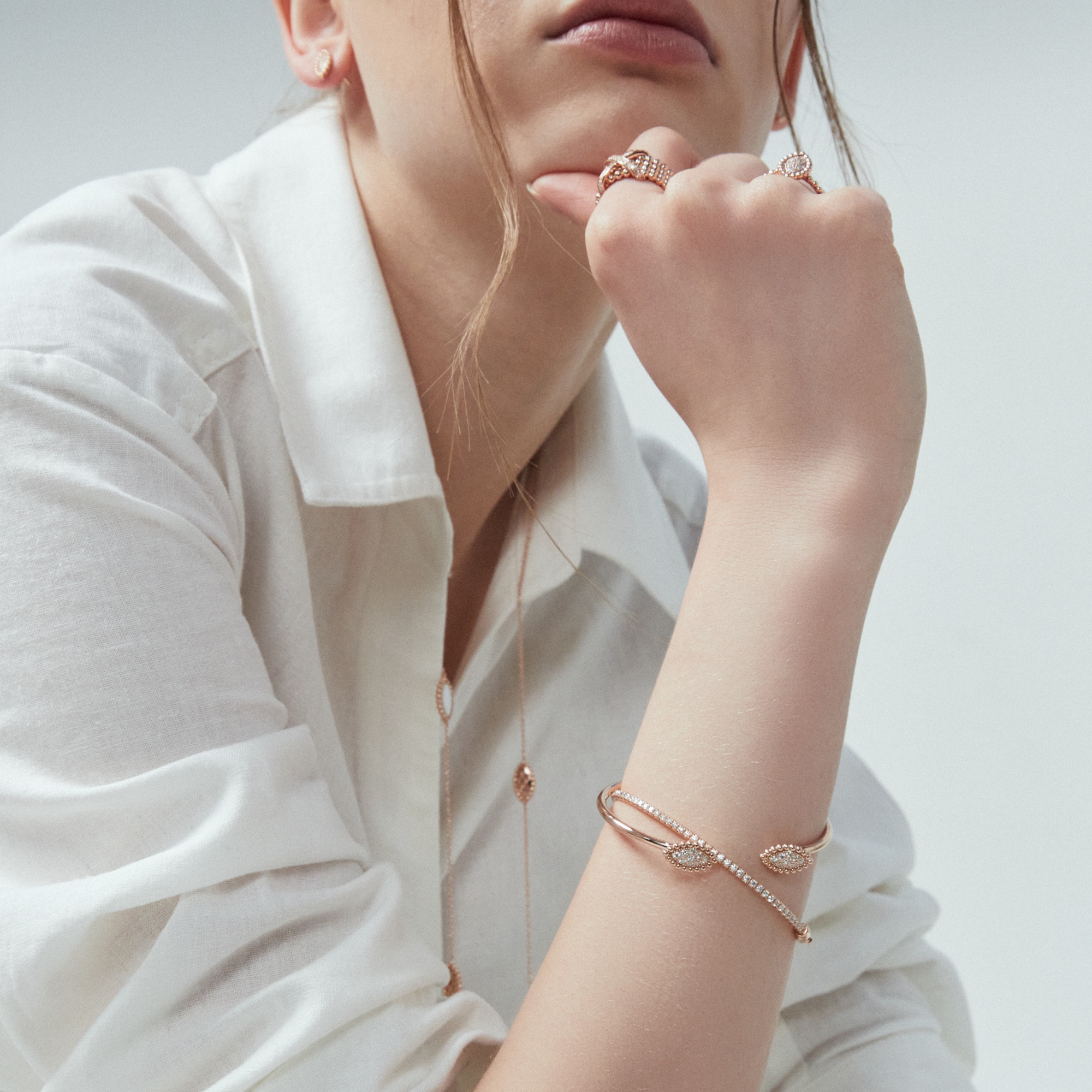 Miko Women Vasty Marquise Diamond Ring Pink Gold, Miko Women Vasty Marquise Wire Bangle Diamond 2 Motive Bracelet Pink Gold 착용 스타일