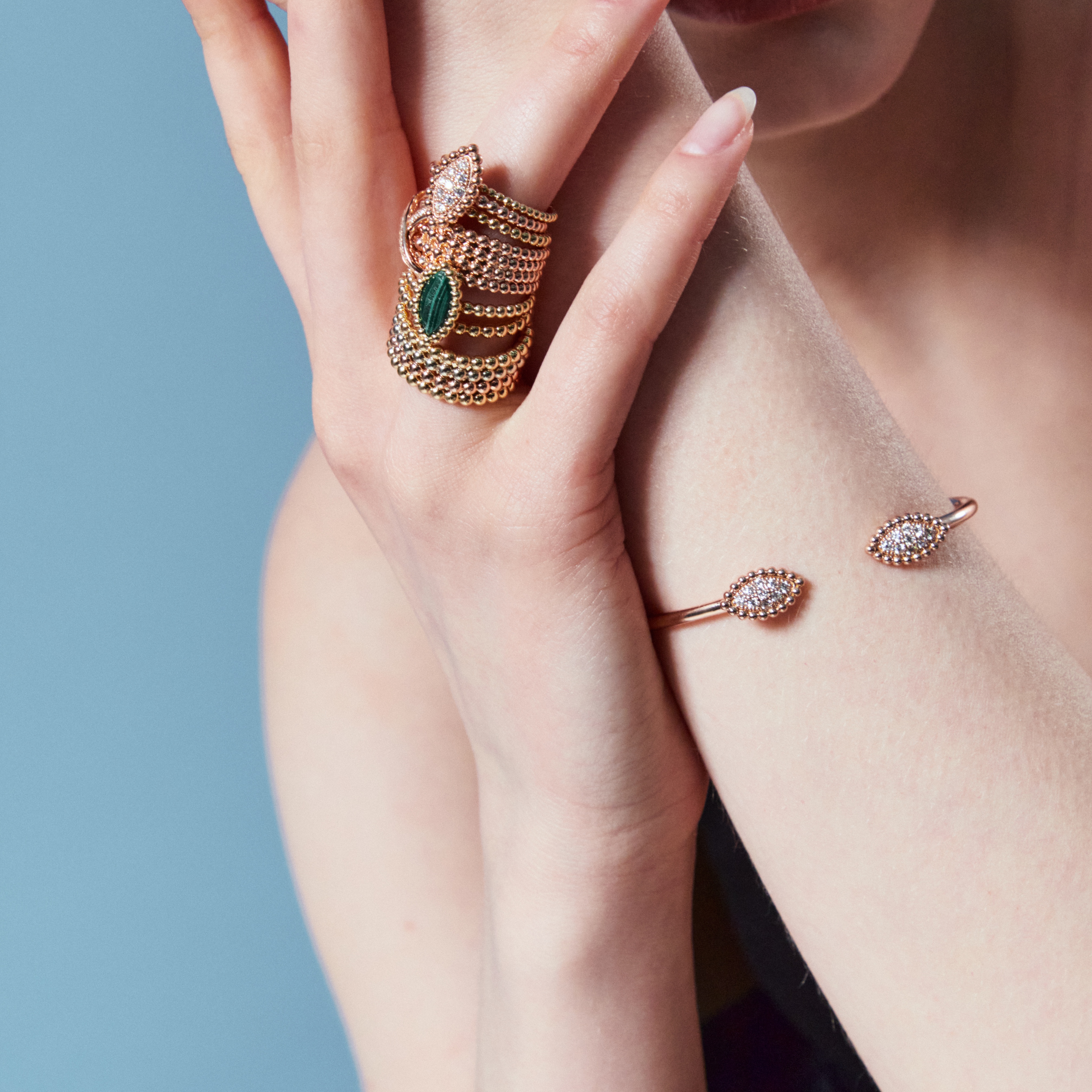 Miko Women Vasty Marquise Wire Bangle Diamond 2 Motive Bracelet Pink Gold, Miko Women Vasty Marquise Malachite Ring Yellow Gold 착용 스타일