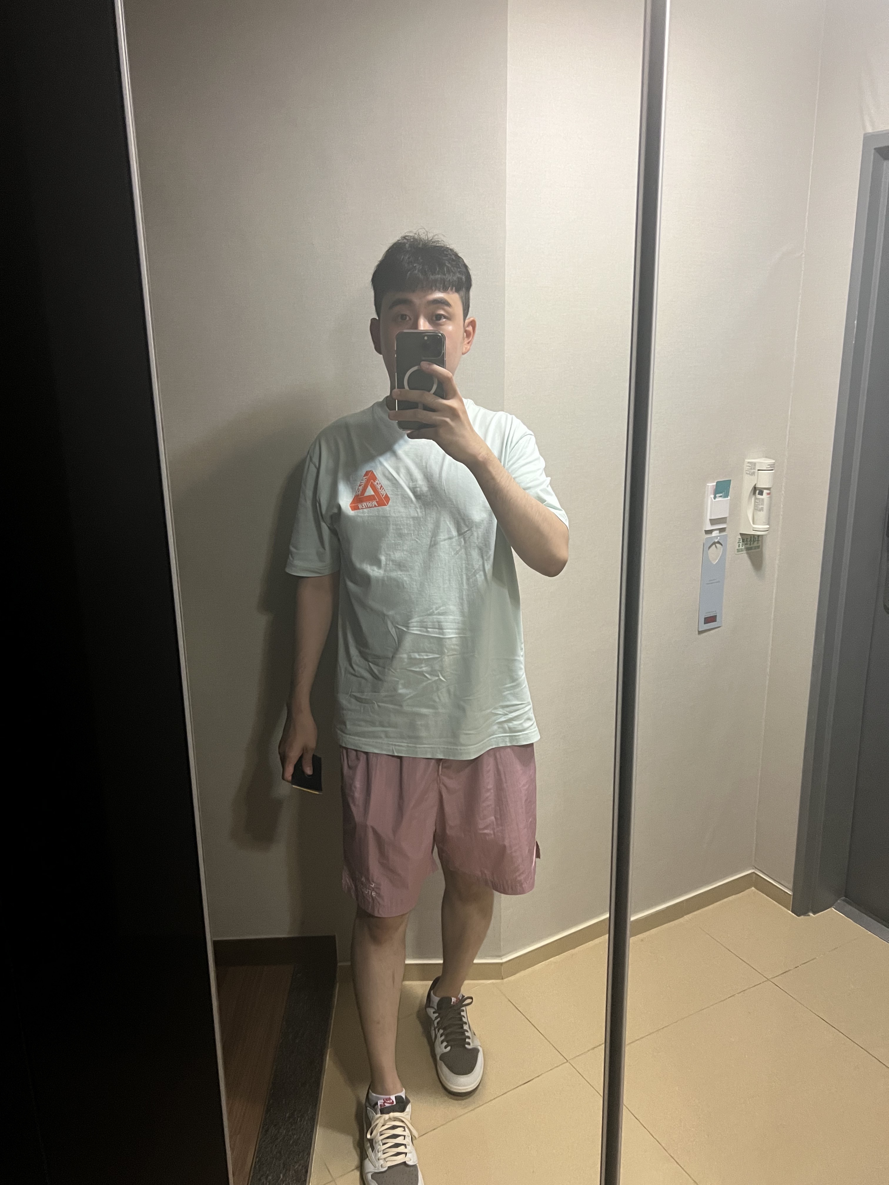 IAB Studio Woven Shorts Pink - The Hyundai Seoul Exclusive, Palace x Porter Tri-Ferg Bell Boy T-Shirt Blue 착용 스타일