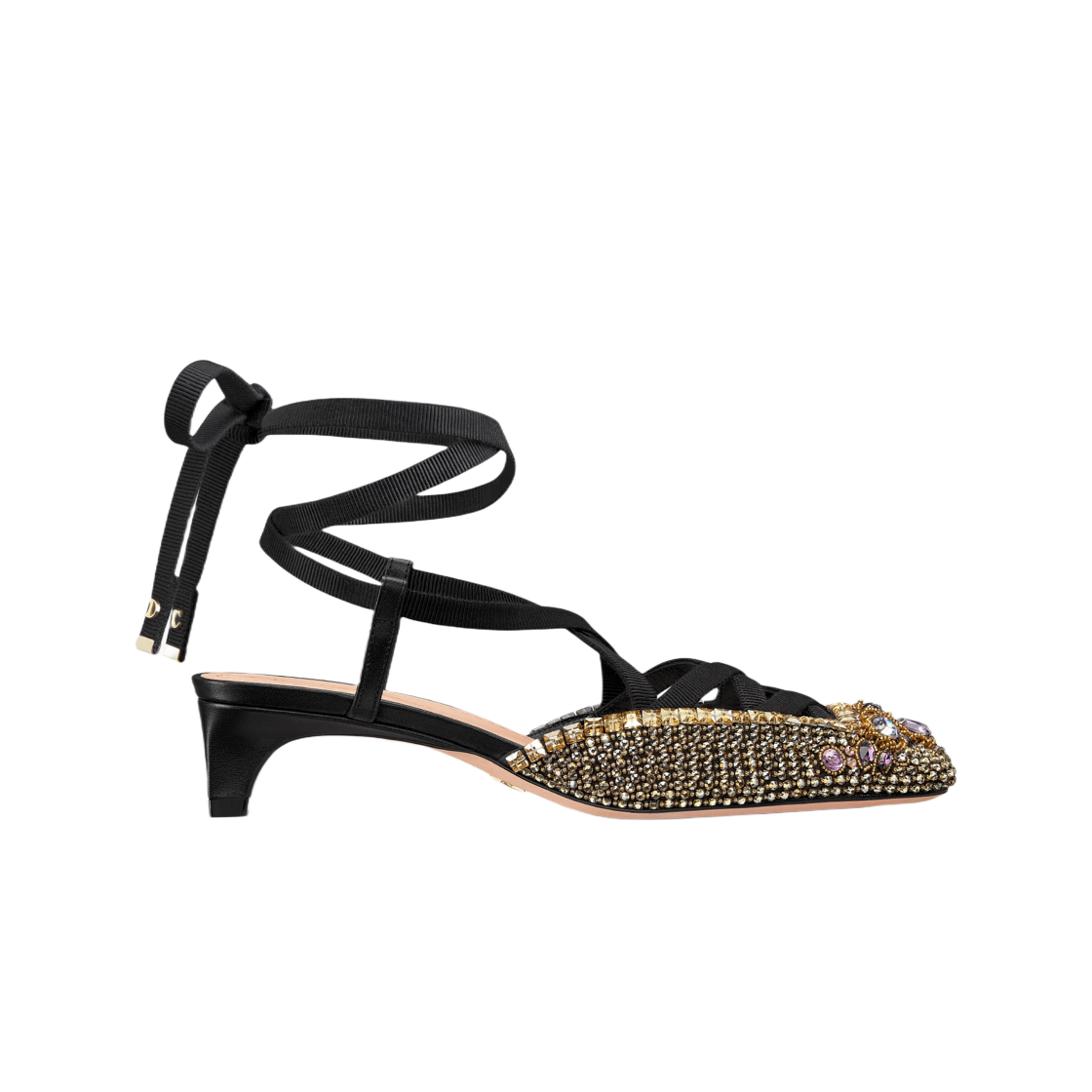 (W) 디올 D 엔볼 레이스 업 펌프 사틴 자수 비즈 라니 핑크 스트라스 블랙 그로그랭((W) Dior D Envol Lace Up Pump Satin Embroidered Beads Rani Pink Strass Black Grosgrain) - 1