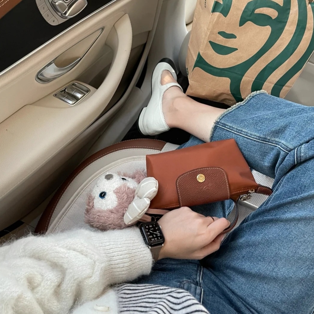 Longchamp Le Pliage Green Handle Pouch Brown Cognac 착용 스타일
