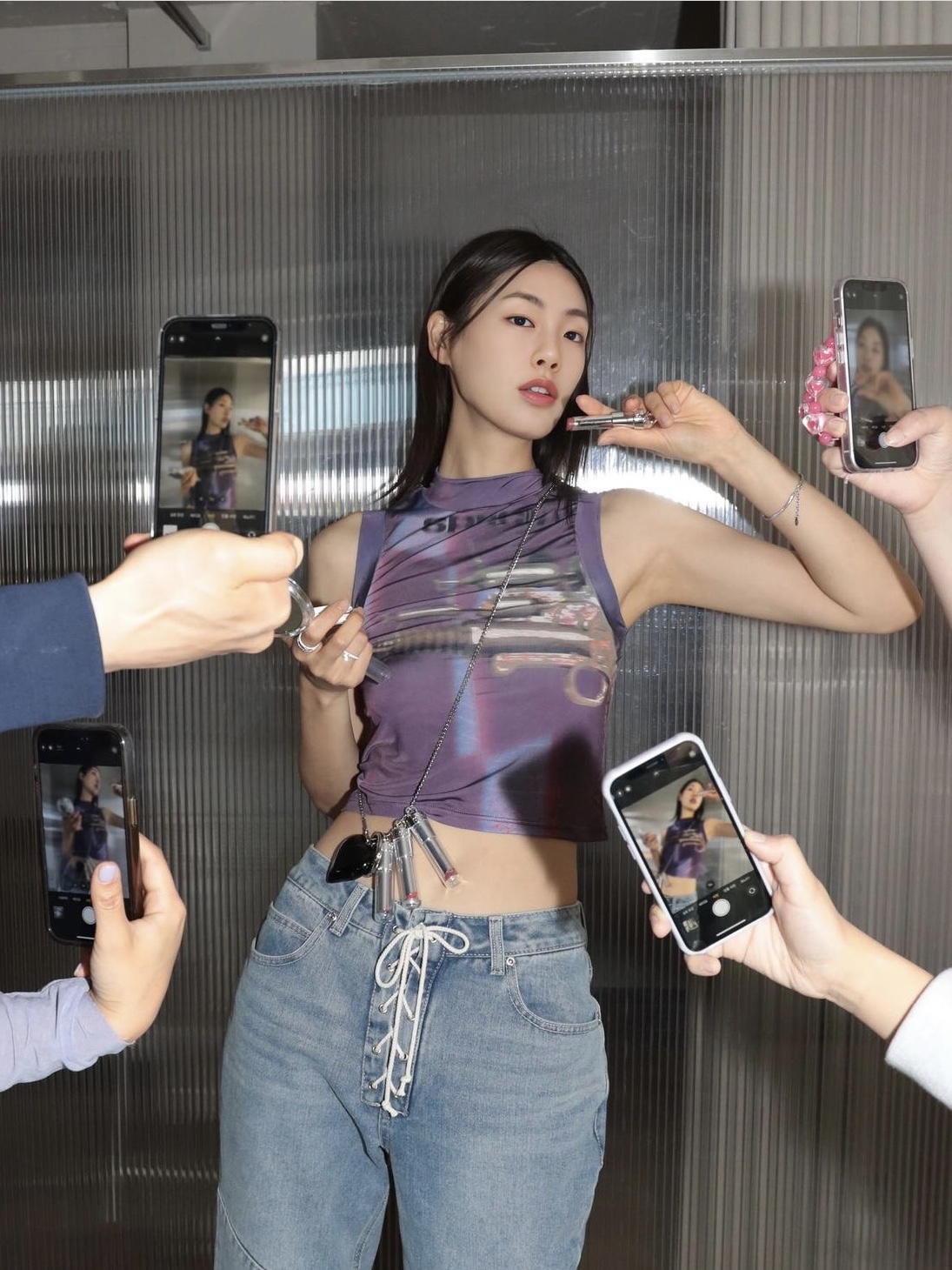 KYO Women Print Baby Cropped Sleeveless Purple, KYO Women Print Baby Cropped Sleeveless Mint 착용 스타일