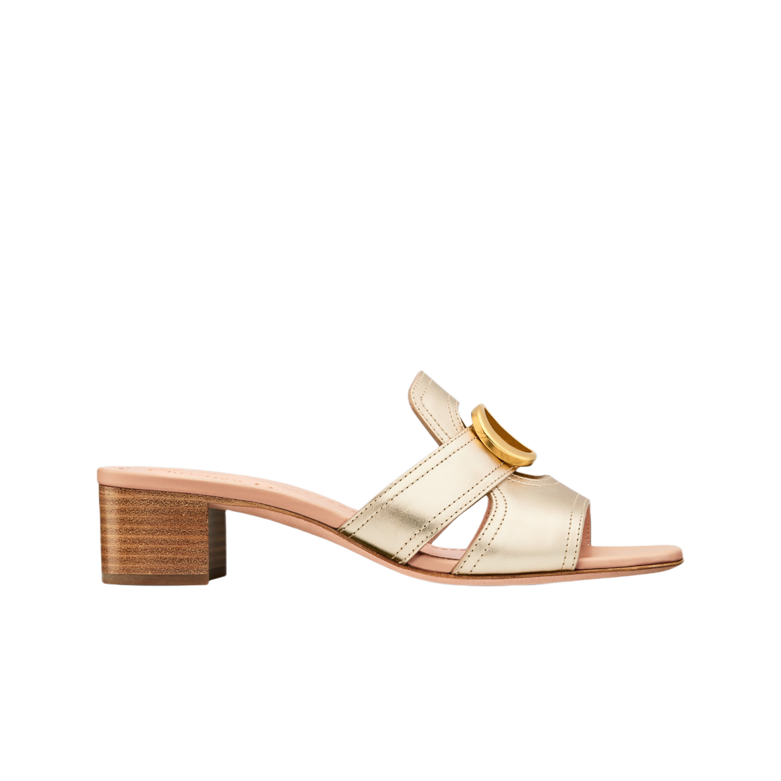 (W) 디올 오르 30 몽테뉴 힐 슬라이드 플래티넘 톤 메탈릭 카프스킨((W) Dior Or 30 Montaigne Heeled Slide Platinum Tone Metallic Calfskin) - 1