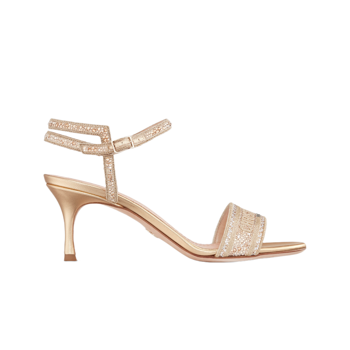 (W) 디올 디웨이 힐 샌들 골드 톤 코튼 자수 메탈릭 쓰레드 스트라스((W) Dior Dway Heeled Sandal Gold Tone Cotton Embroidered Metallic Thread Strass) - 1