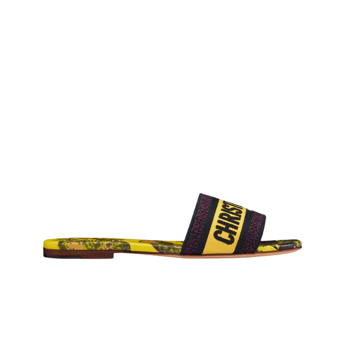 (W) 디올 디웨이 슬라이드 라임 옐로우 멀티컬러 자수 코튼 트왈 드 주이 보야주 모티프((W) Dior Dway Slide Lime Yellow Multicolor Embroidered Cotton Toile De Jouy Voyage Motif) - 1
