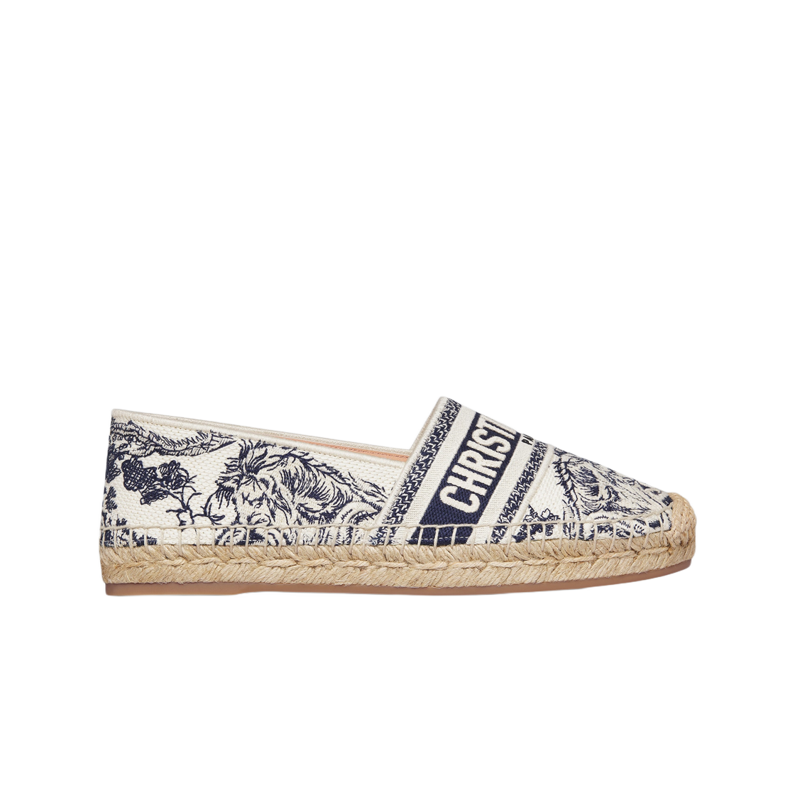 (W) 디올 그랑빌 에스파드리유 블루 화이트 자수 코튼 트왈 드 주이 소바쥬 모티프((W) Dior Granville Espadrille Blue White Embroidered Cotton Toile De Jouy Sauvage Motif) - 1