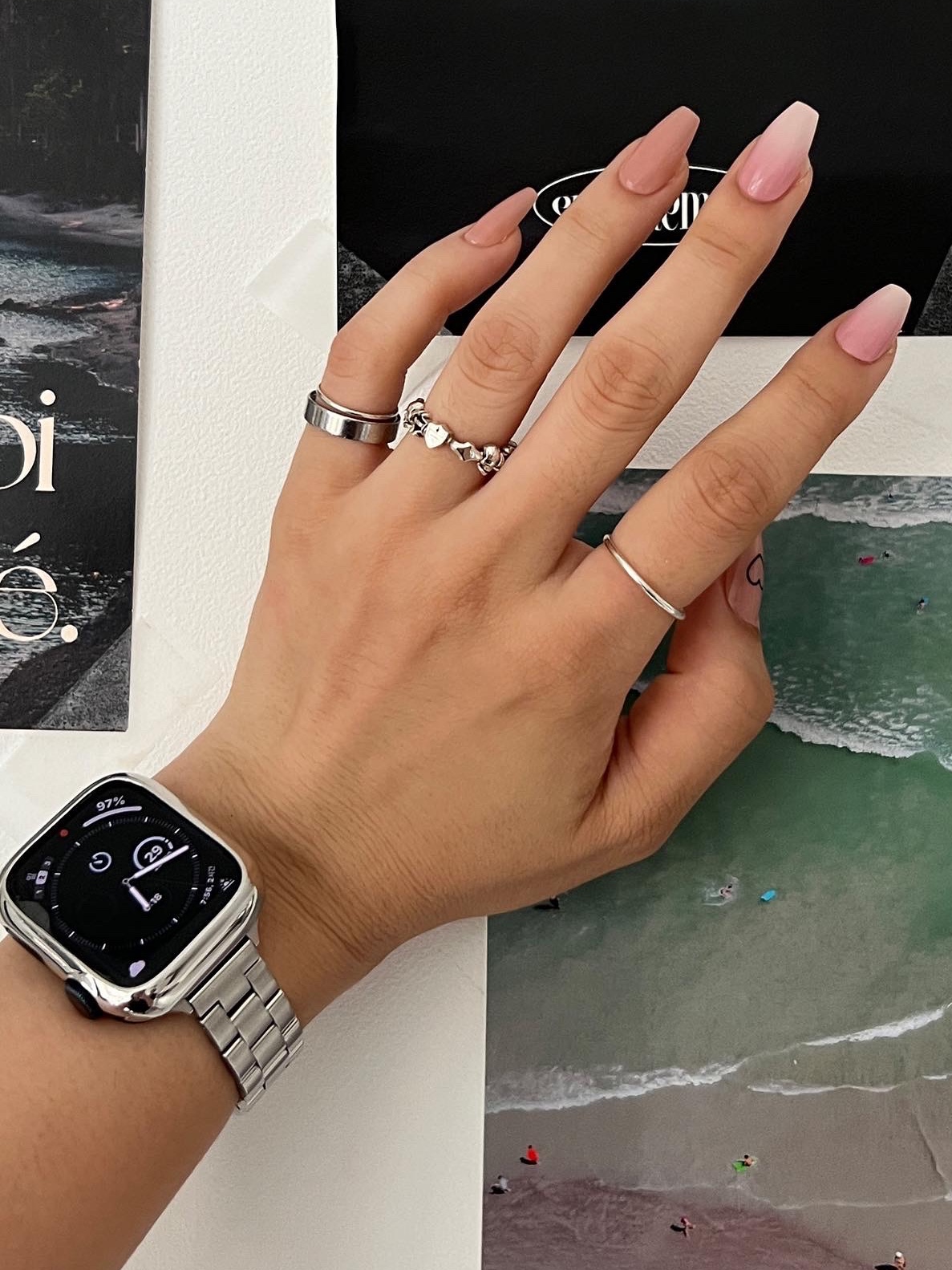 Celine Medium Double Ring Belt in Jacquard Textile and Calfskin Black, Apple Watch Nike Series 7 41mm GPS Midnight Aluminum Case with Nike Sport Band Anthracite Black (Korean Ver.) 착용 스타일 - 3