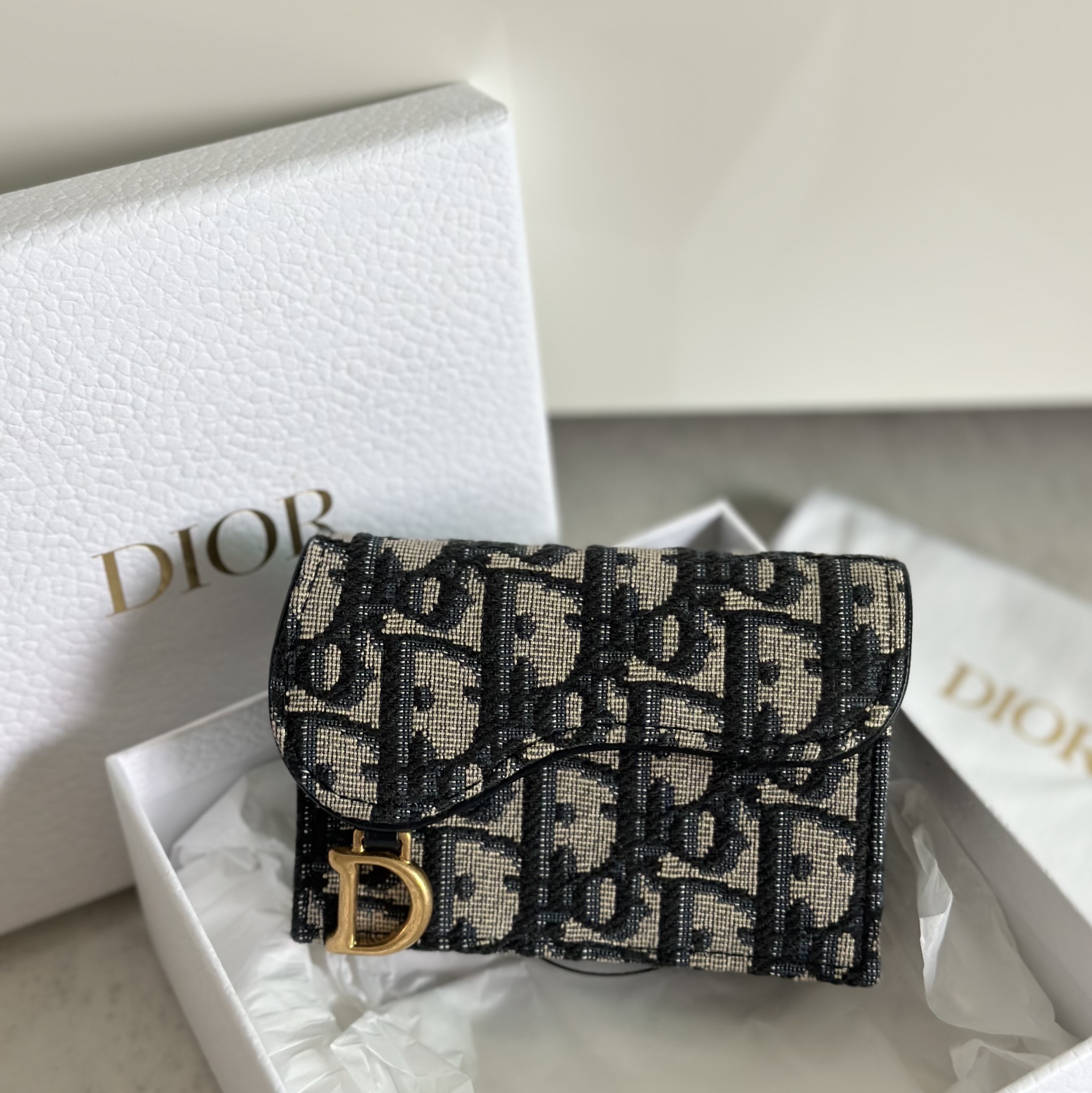 Dior Saddle Flap Card Holder Blue Dior Oblique Jacquard 착용 스타일