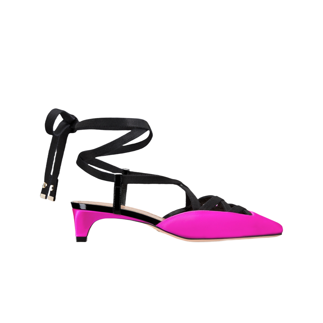 (W) 디올 D 엔볼 레이스 업 펌프 라니 핑크 사틴 블랙 그로그랭((W) Dior D Envol Lace Up Pump Rani Pink Satin Black Grosgrain) - 1