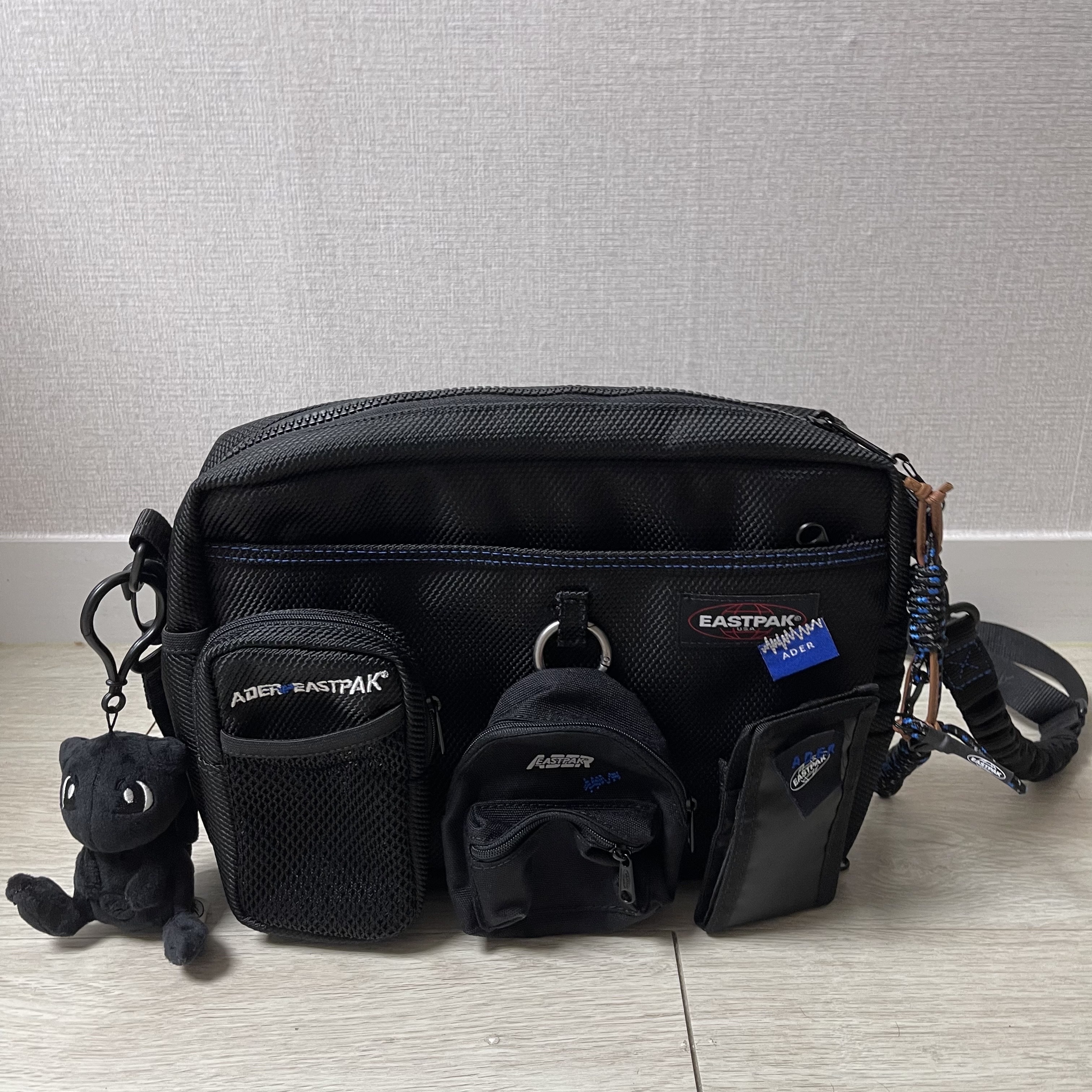 Ader Error x Eastpak Shoulder Bag Black, Fragment x Pokemon INN Thunderbolt Project TBP Mascot Key Ring Pikachu Black 착용 스타일