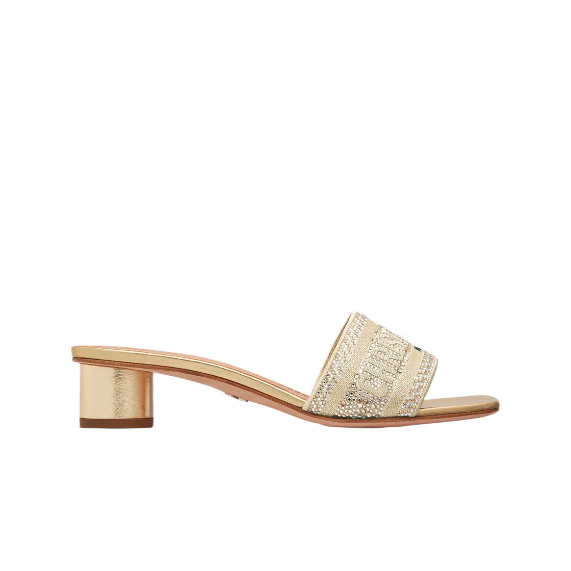 (W) 디올 디웨이 힐 슬라이드 골드 톤 코튼 자수 메탈릭 쓰레드 스트라스((W) Dior Dway Heeled Slide Gold Tone Cotton Embroidered Metallic Thread Strass) - 1