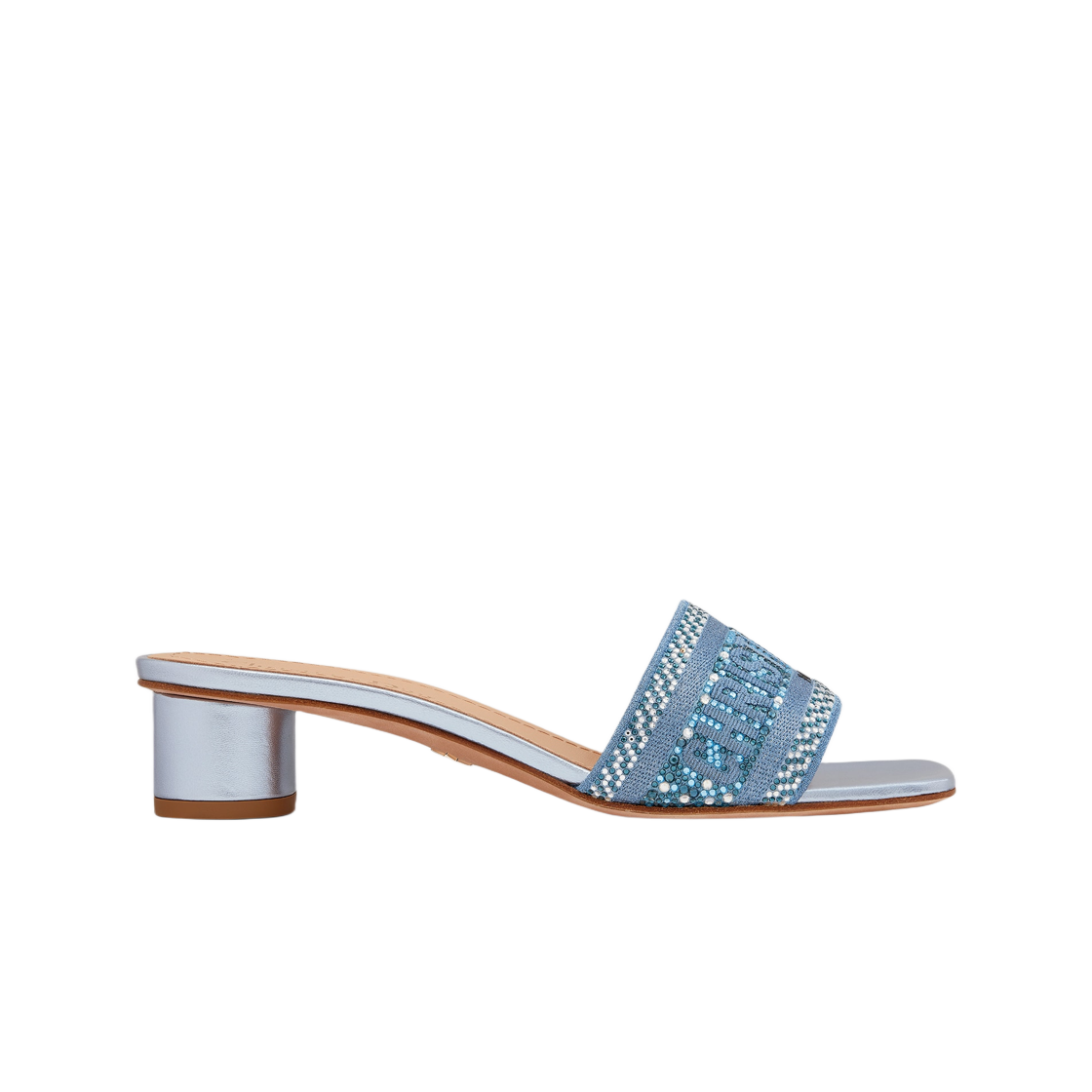 (W) 디올 디웨이 힐 슬라이드 블루 코튼 자수 메탈릭 쓰레드 스트라스((W) Dior Dway Heeled Slide Blue Cotton Embroidered Metallic Thread Strass) - 1