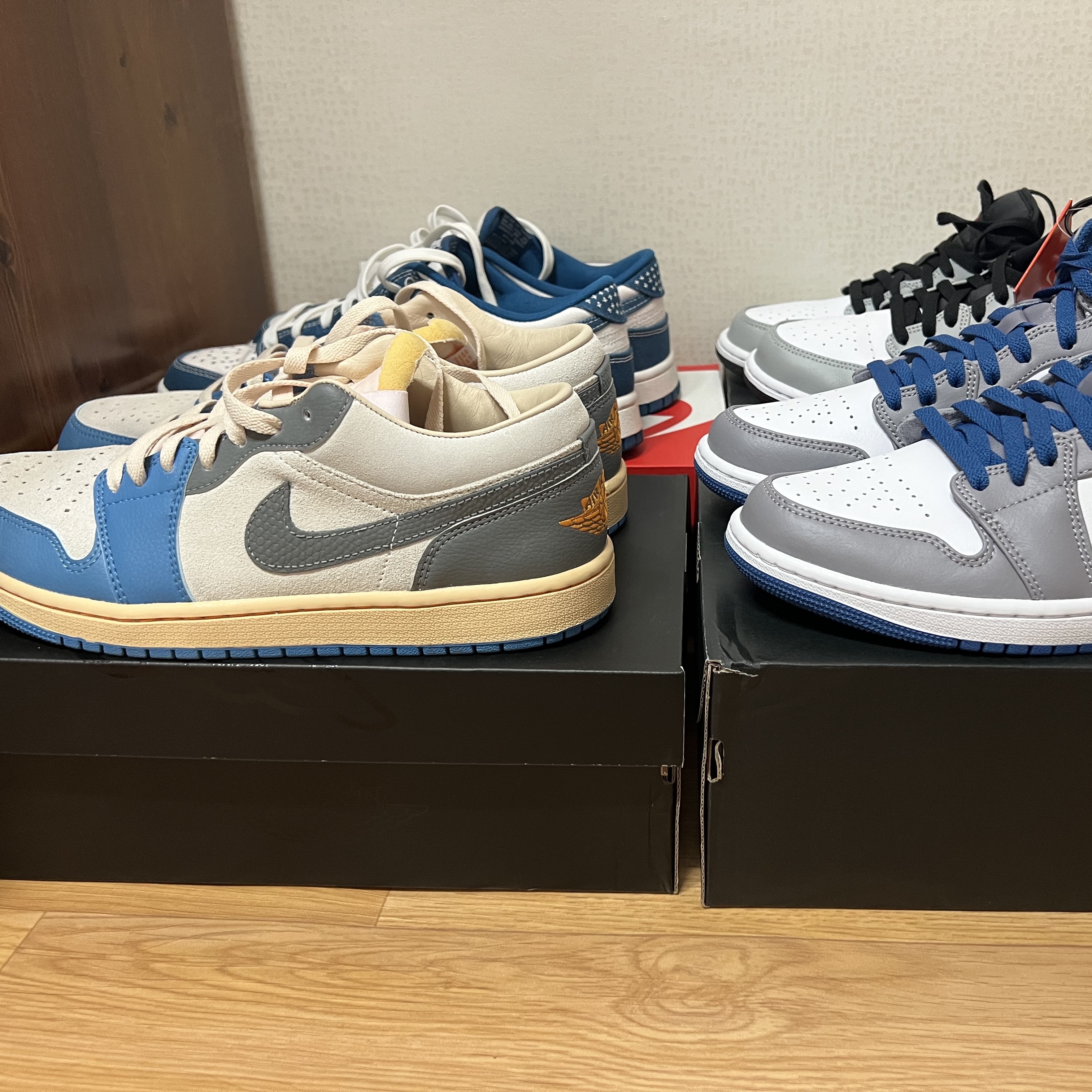 Jordan 1 Mid Cement Grey True Blue, Jordan 1 Low SE Tokyo 96 착용 스타일