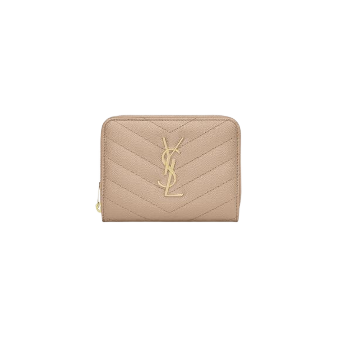 Saint Laurent Cassandre Matelasse Compact Zip Around Wallet in Grain De Poudre Embossed Leather Dark Beige 상세 이미지 1