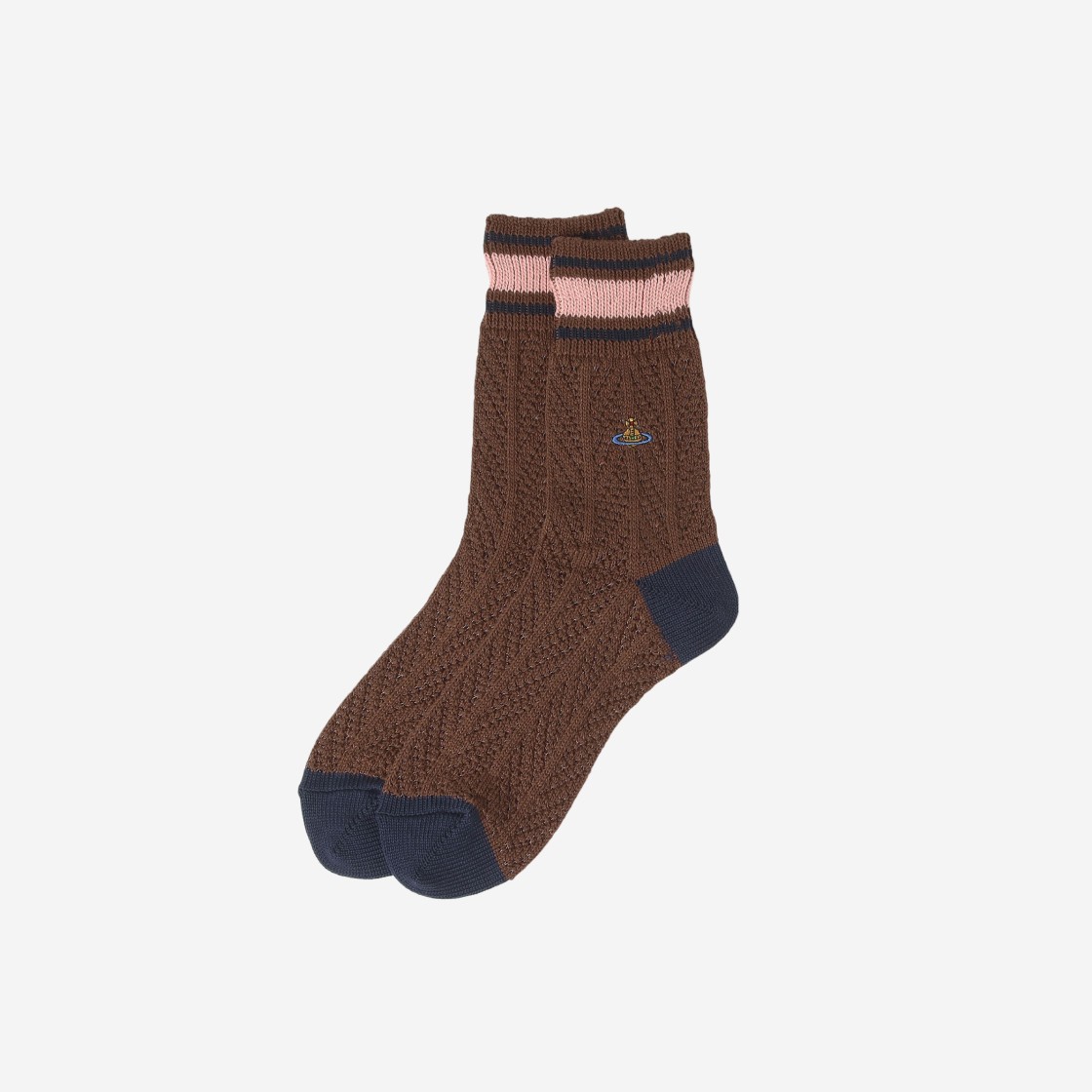 (W) Vivienne Westwood Mesh Herringbone Crew Socks Brown 상세 이미지 1