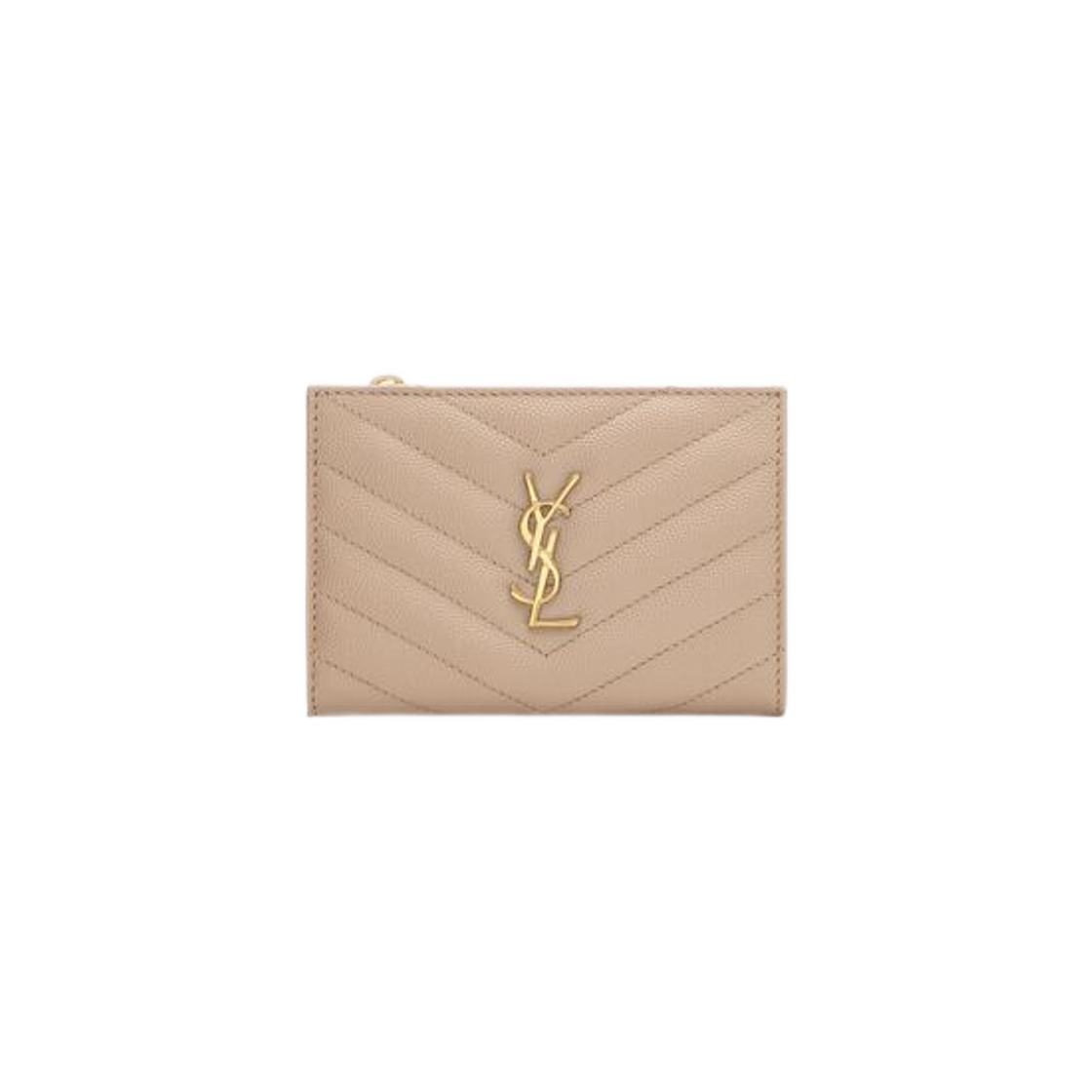 Saint Laurent Cassandre Matelasse Fragments Zipped Bi-Fold Wallet in Grain De Poudre Embossed Leather Dark Beige 상세 이미지 1