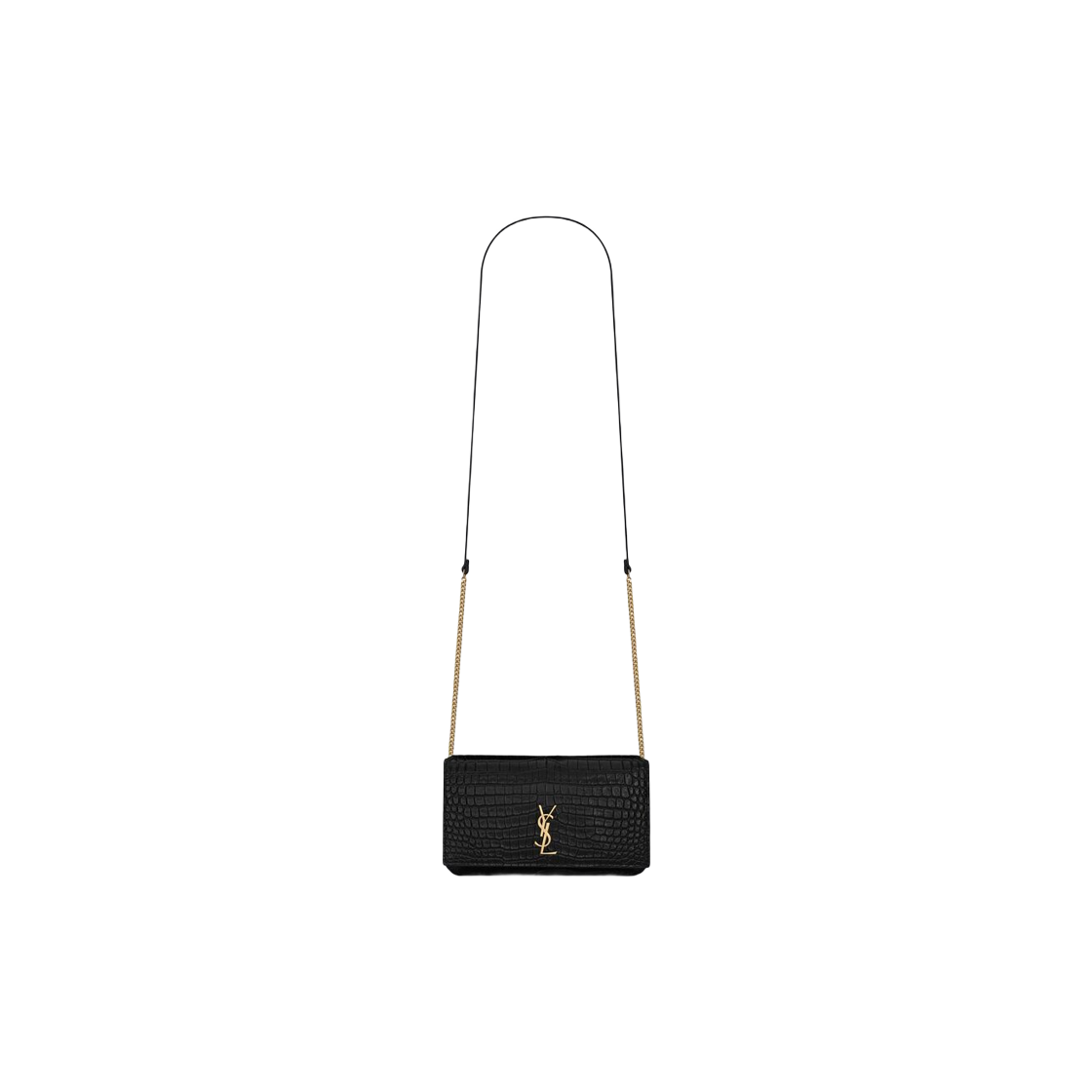 Saint Laurent Cassandre Phone Holder With Strap in Shiny Crocodile-Embossed Leather Black 상세 이미지 1