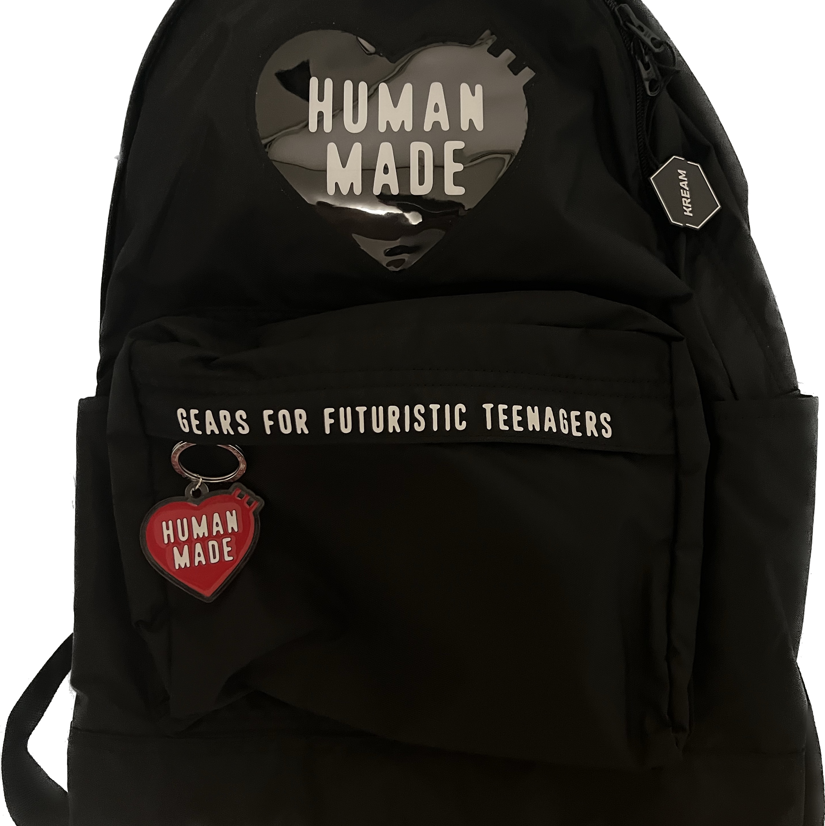 Human Made Nylon Heart Backpack Black, Human Made Heart Keyring Red 착용 스타일