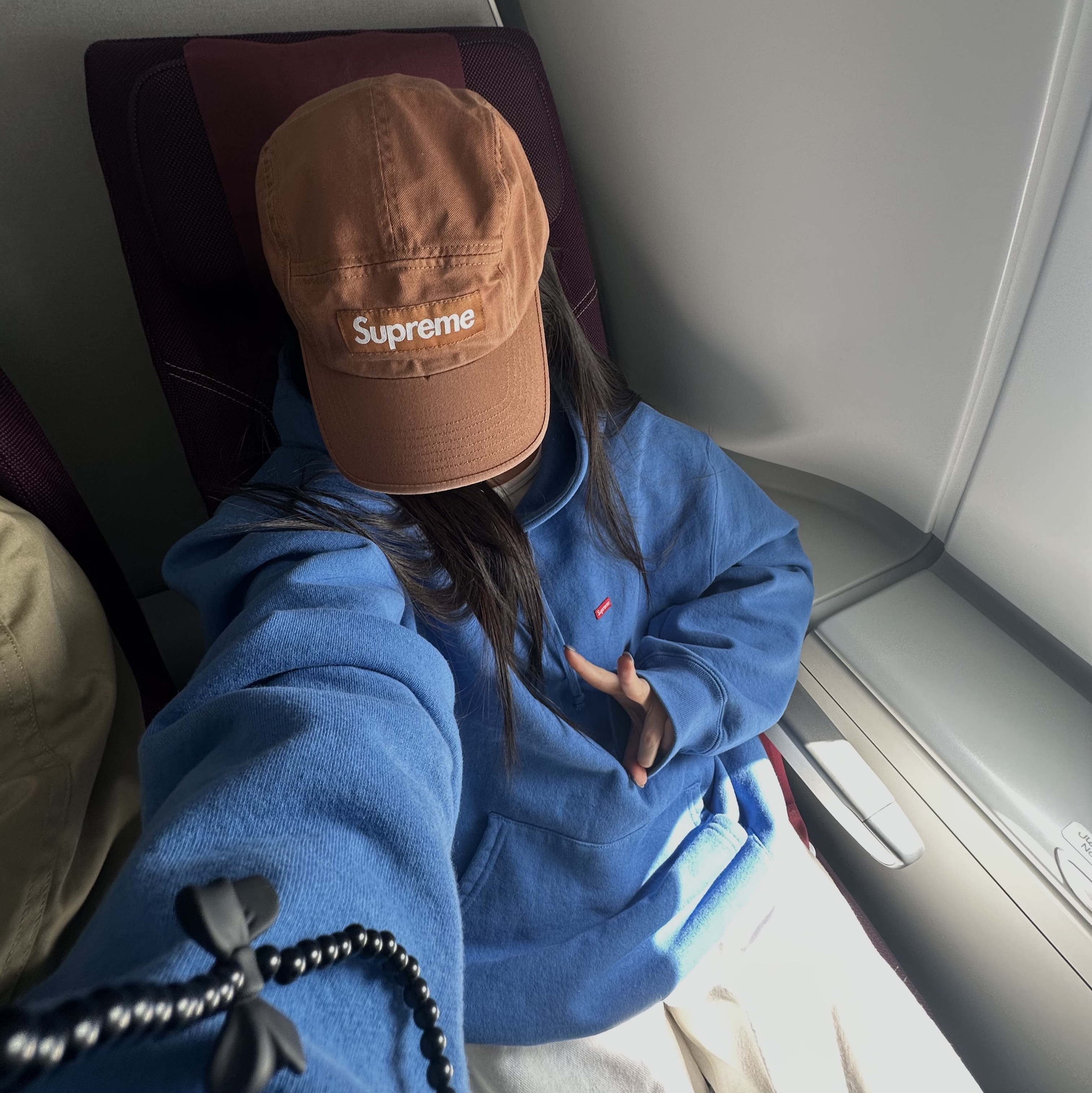 Supreme Washed Chino Twill Camp Cap Brown - 23SS, Supreme Small Box Hooded Sweatshirt Pale Royal - 23SS 착용 스타일