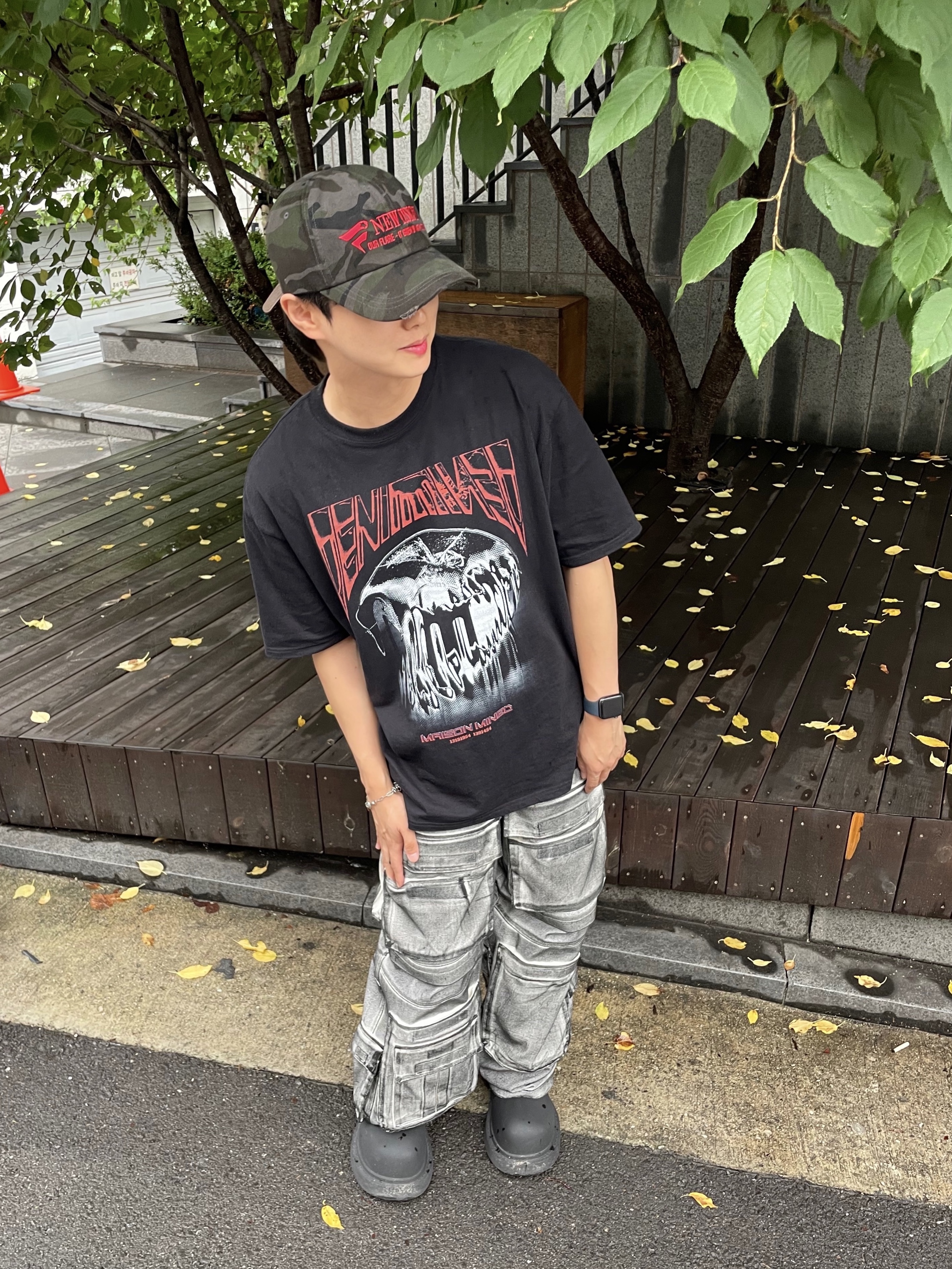 Project G/R Painted Denim Cargo Dirty White, ETCE New Vision Camo Cap Night Jungle 착용 스타일 - 1
