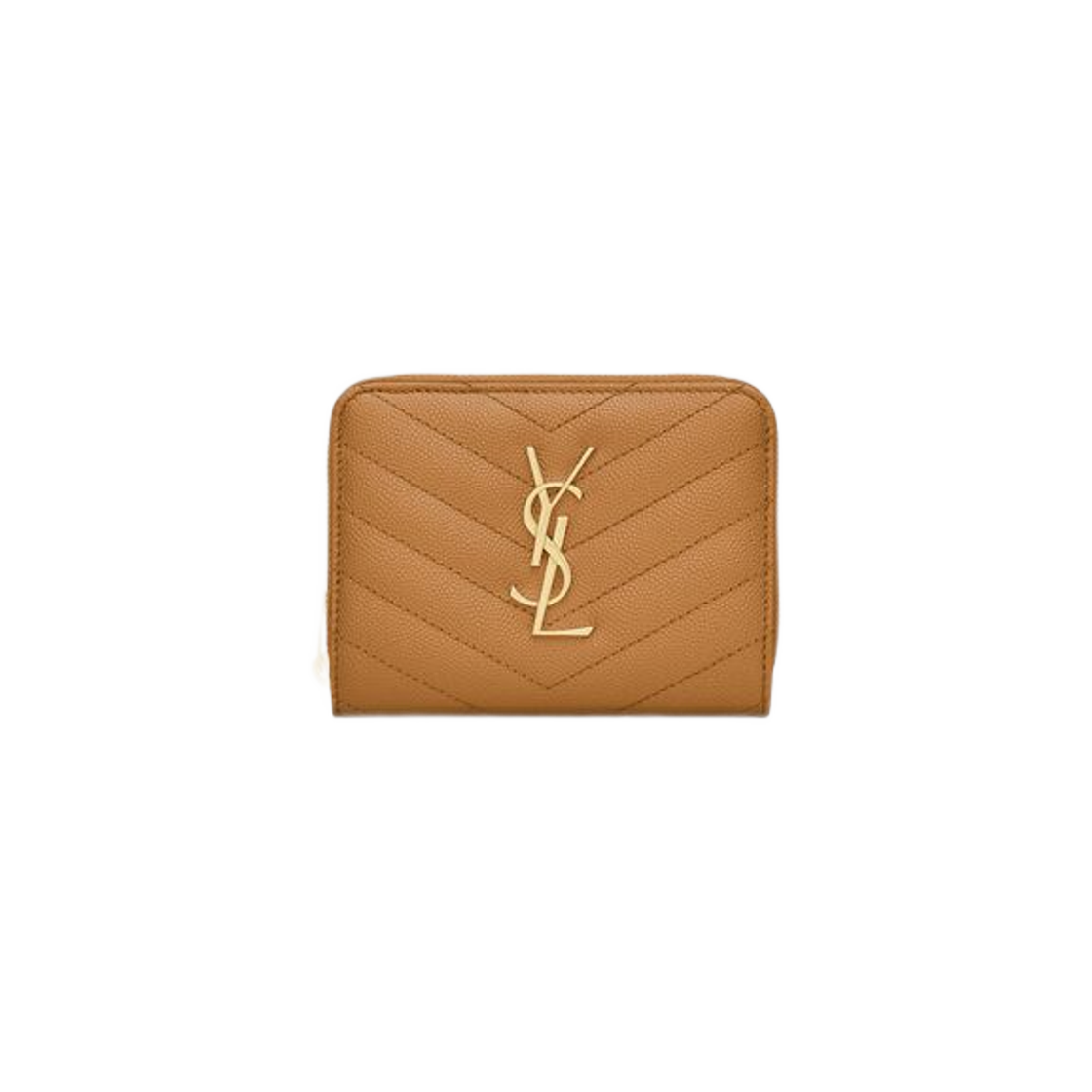 Saint Laurent Cassandre Matelasse Compact Zip Around Wallet in Grain De Poudre Embossed Leather Dark Natural 상세 이미지 1