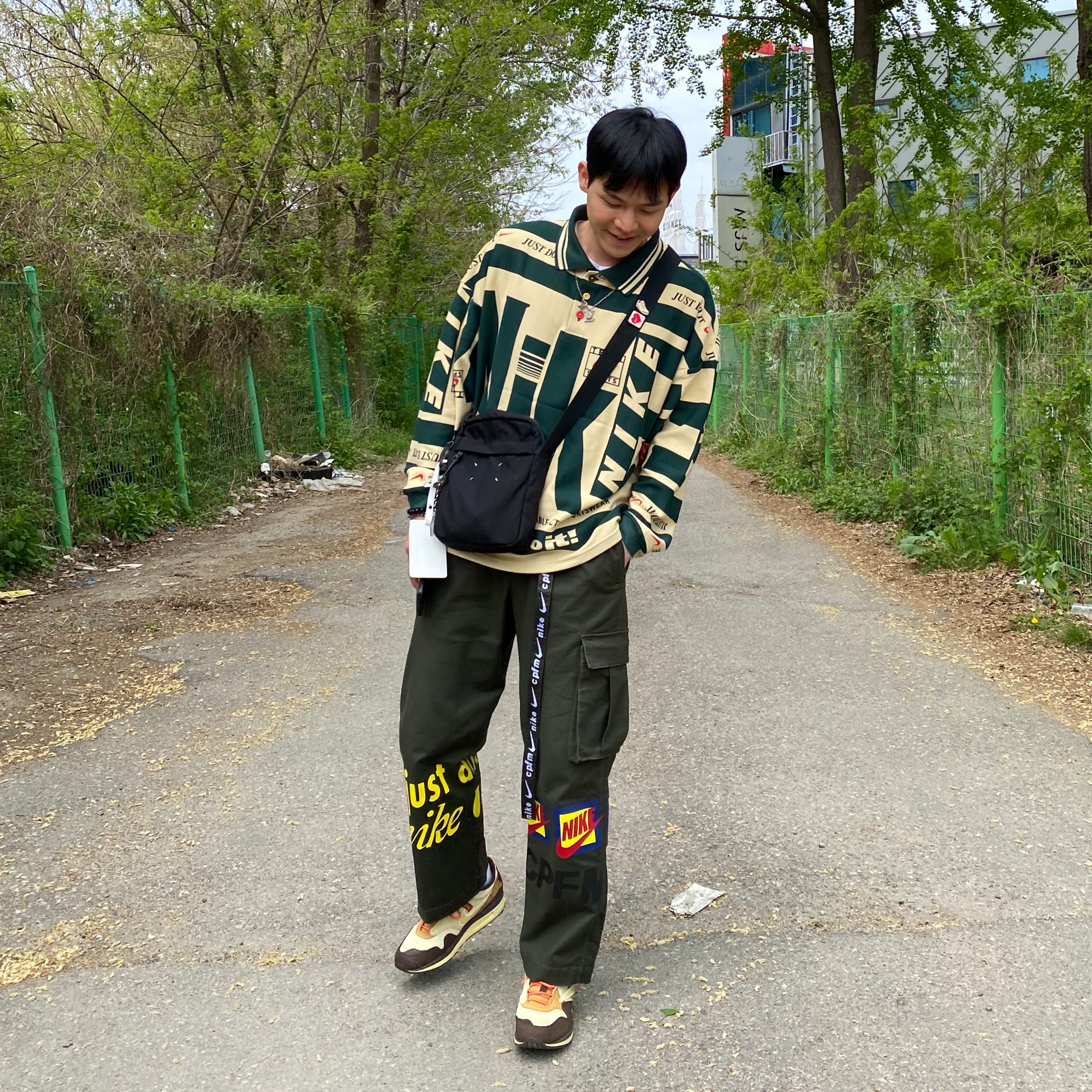 Nike x Cactus Plant Flea Market Long Sleeve Polo Natural - US/EU, Nike x Cactus Plant Flea Market Track Pants Olive 착용 스타일