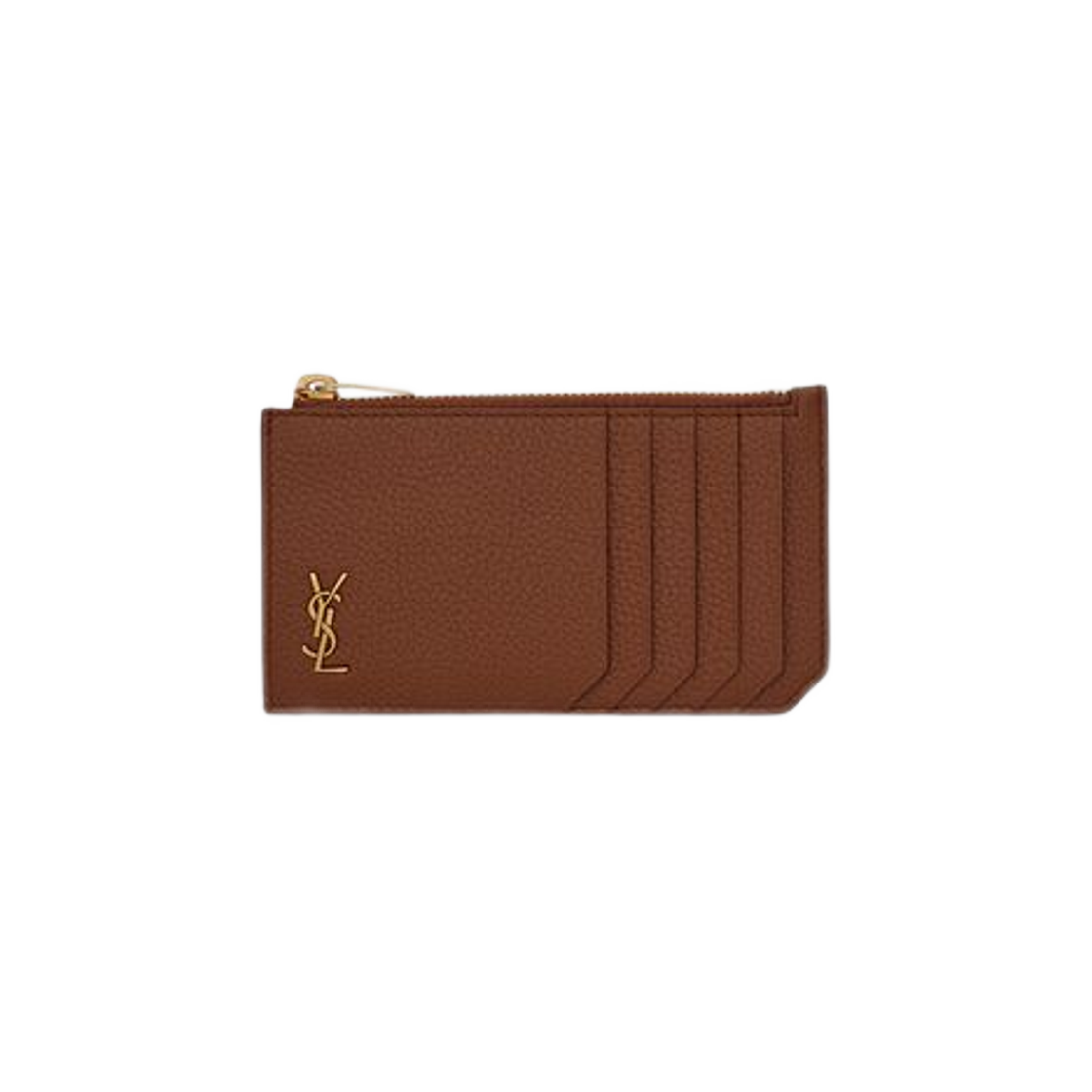 Saint Laurent Tiny Cassandre Zipped Fragments Credit Card Case in Grained Leather Toasted Brown 상세 이미지 1