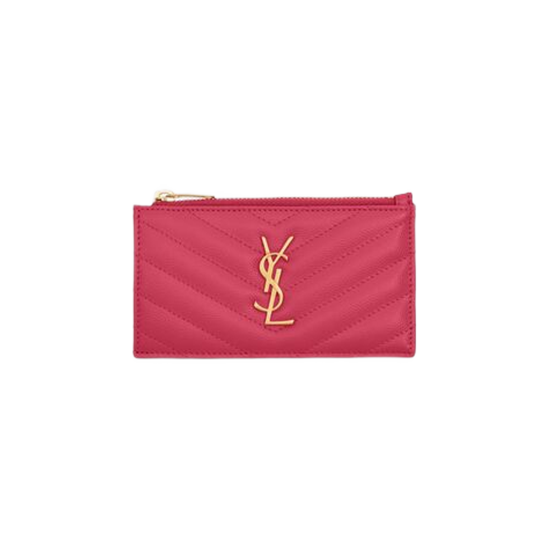 Saint Laurent Cassandre Matelasse Fragments Zipped Card Case in Grain De Poudre Embossed Leather Fuchsia 상세 이미지 1