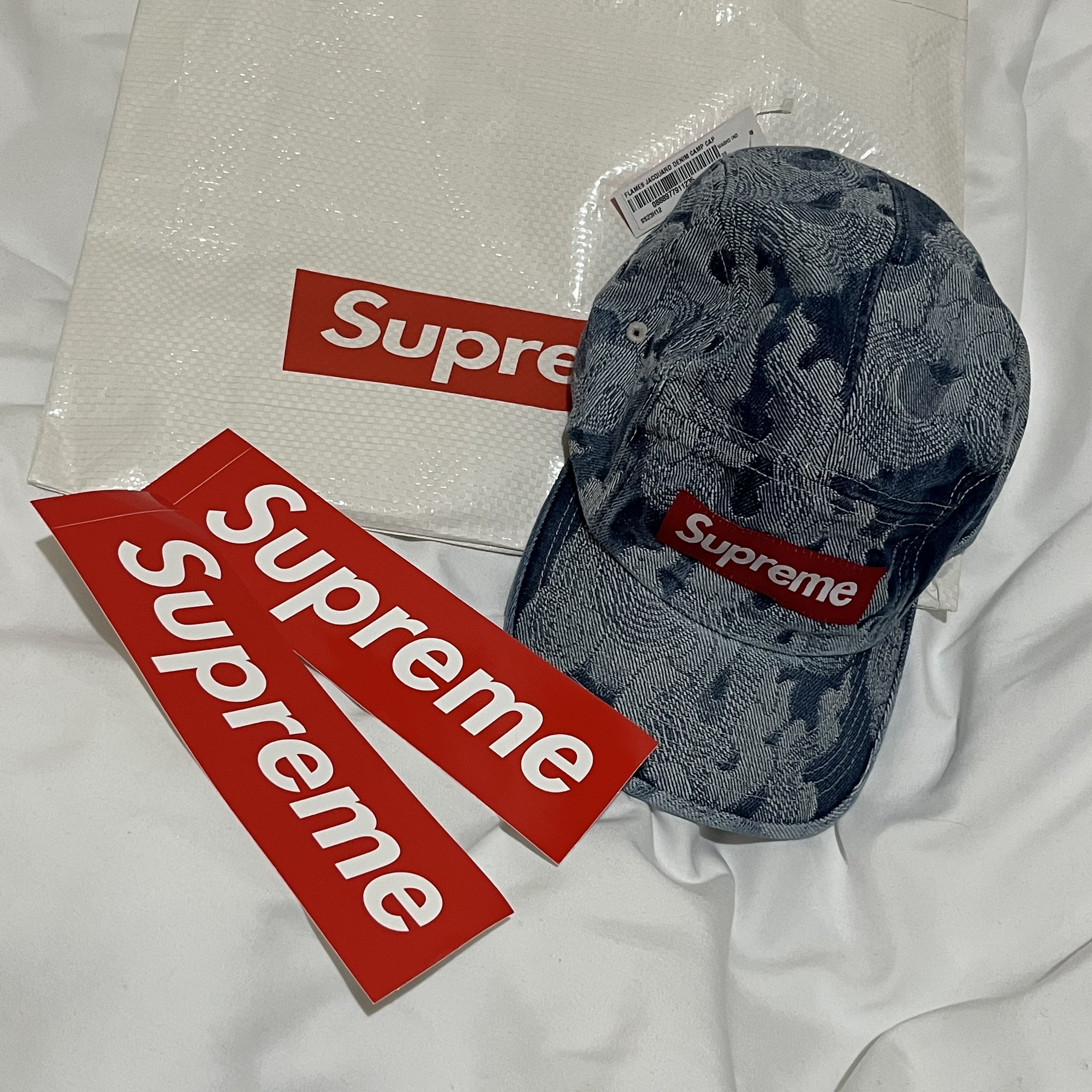 Supreme Flames Jacquard Denim Camp Cap Washed Indigo - 23SS 착용 스타일