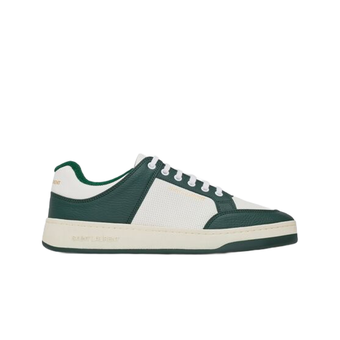 (W) 생로랑 SL/61 스니커즈 그레인 레더 화이트 앤 다크 그린((W) Saint Laurent SL/61 Sneakers in Grained Leather White and Dark Green) - 1