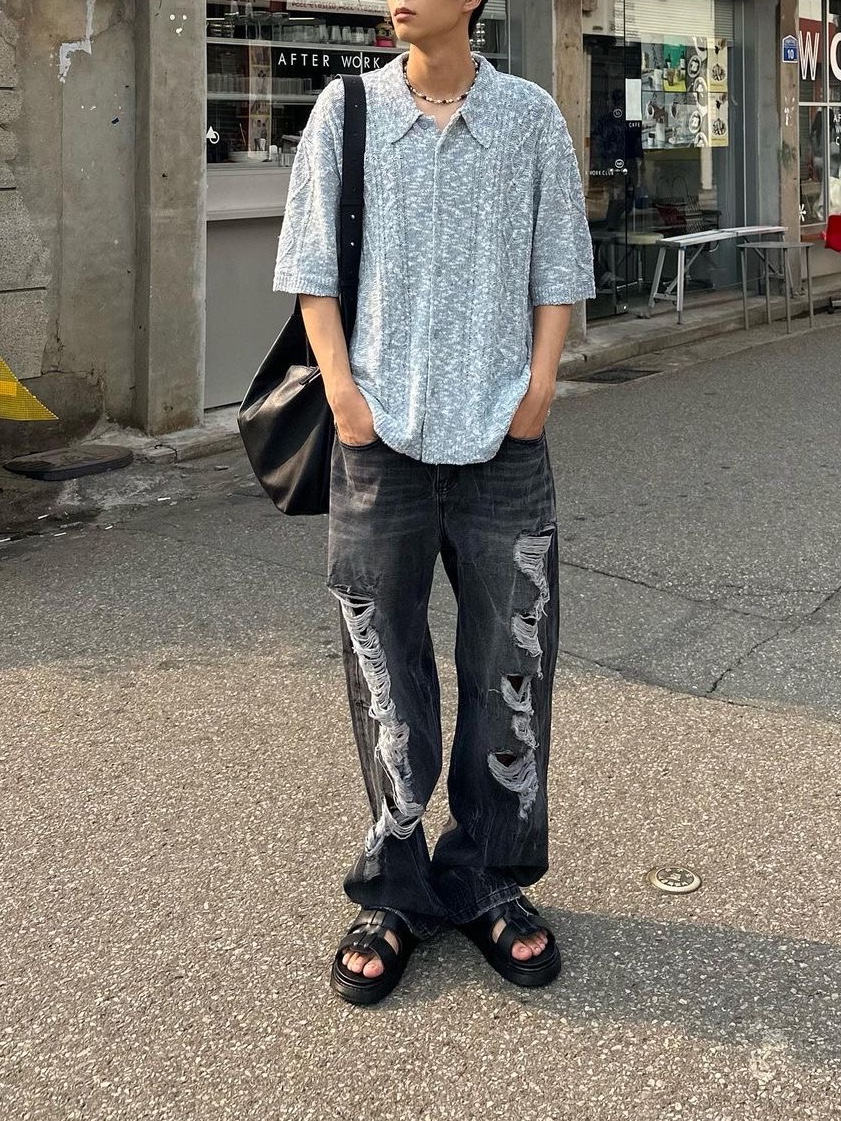Millo Archive Pretzel Knit Shirt Marble Blue 착용 스타일 - 2
