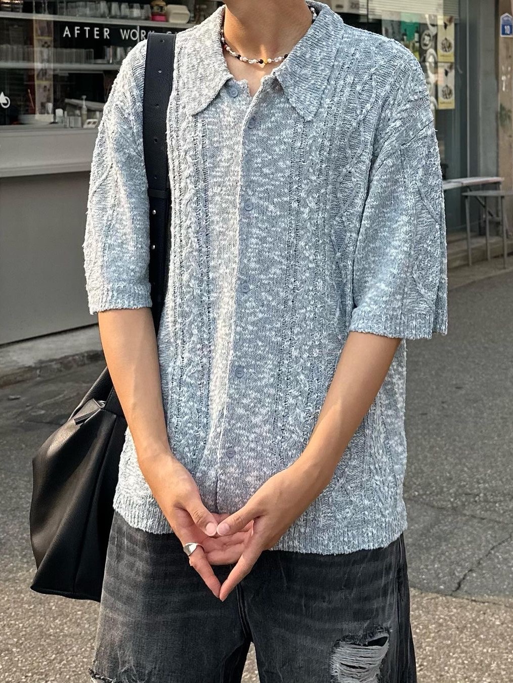 Millo Archive Pretzel Knit Shirt Marble Blue 착용 스타일 - 1