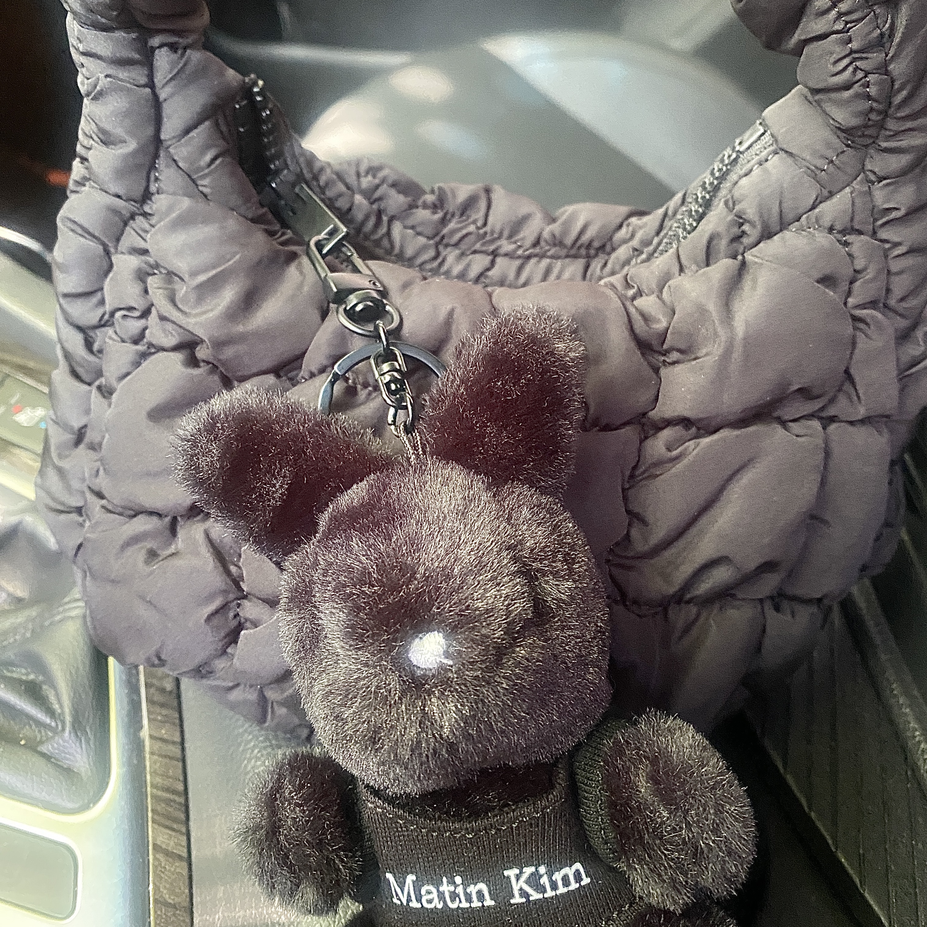 Matin Kim Black Bunny Toy Keyring Black, COS Quilted Micro Bag Black 착용 스타일