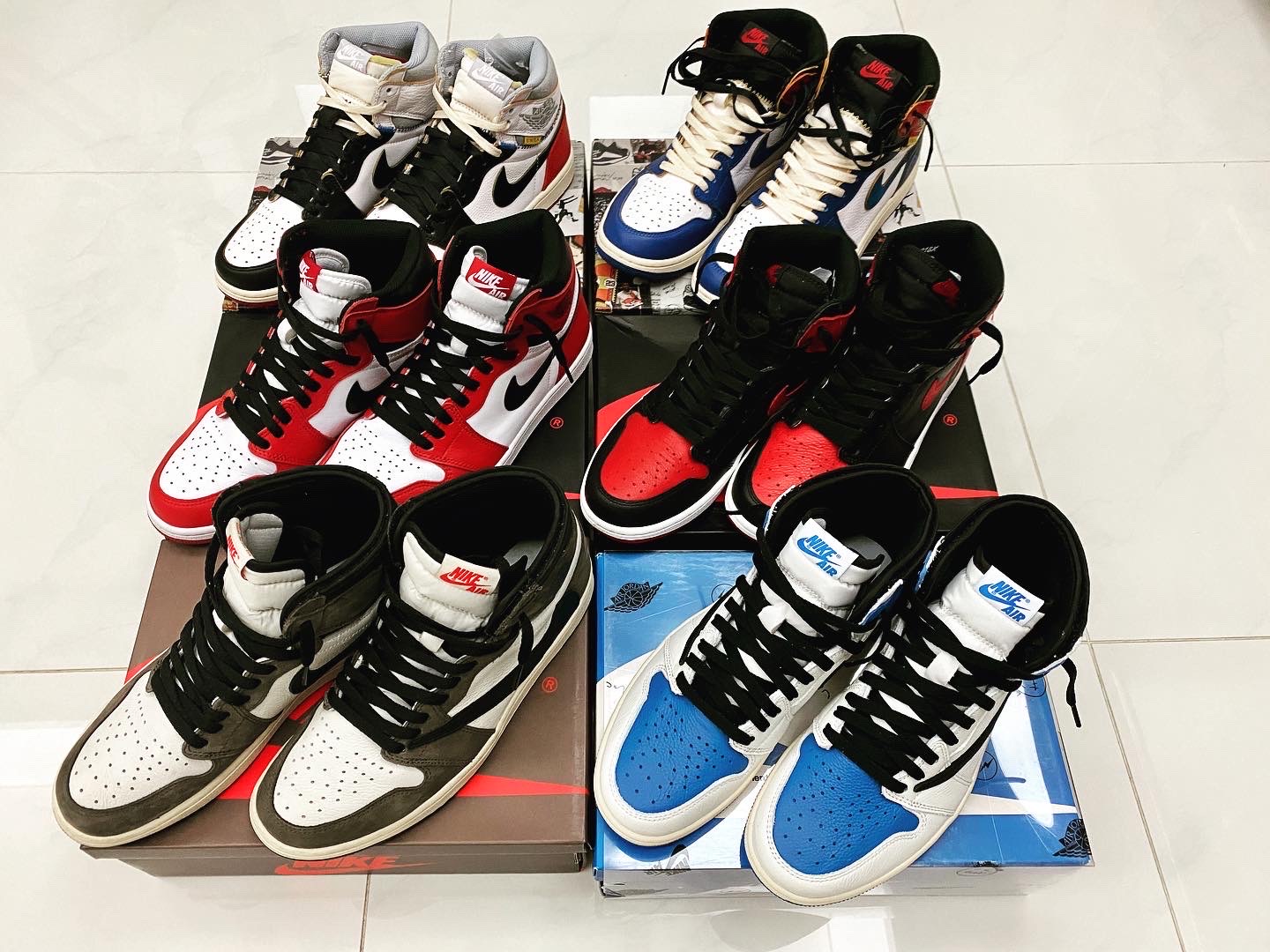 Jordan 1 x Travis Scott x Fragment Retro High OG SP Military Blue, Jordan 1 x Travis Scott Retro High OG SP Mocha 착용 스타일 - 1