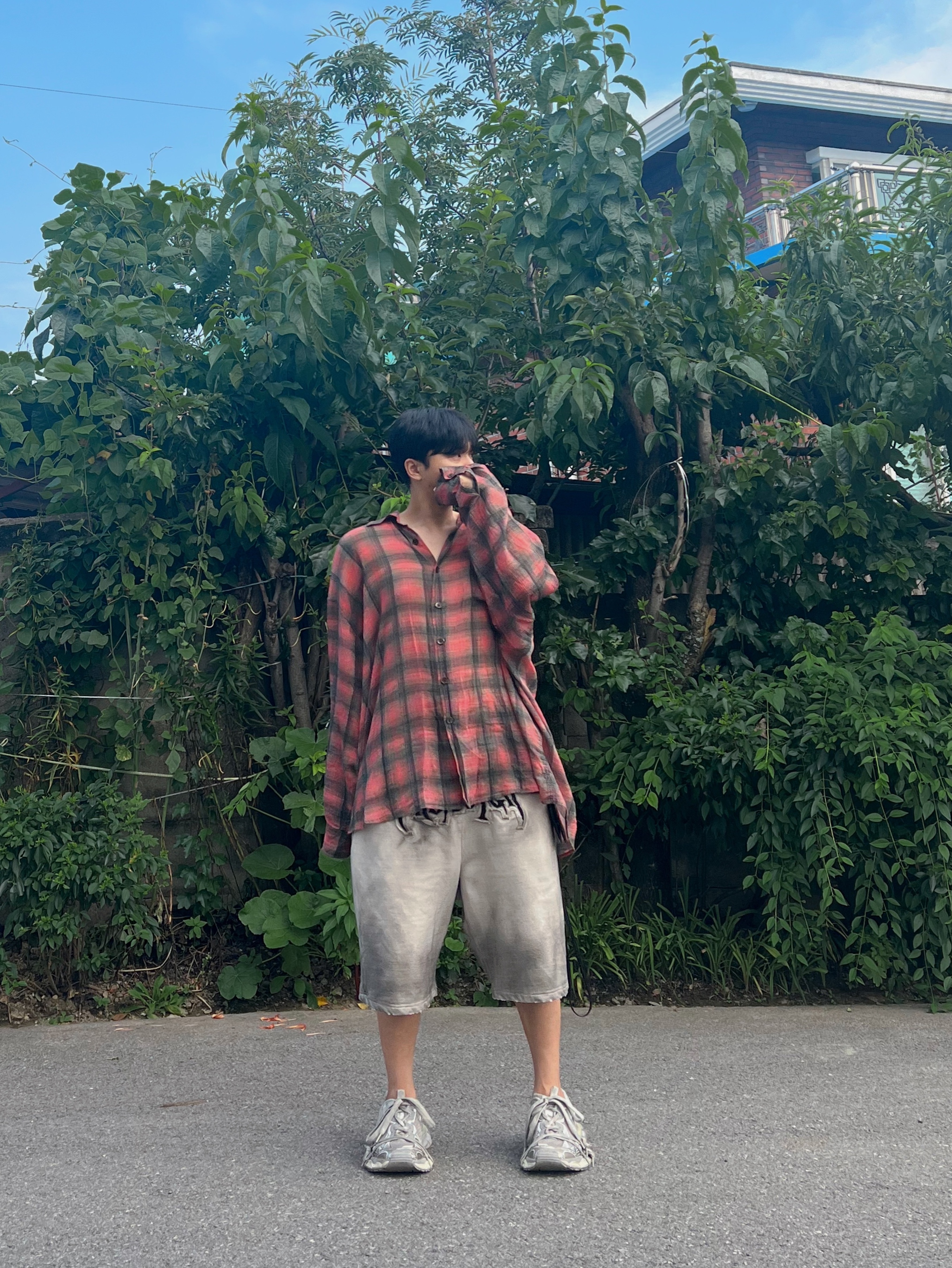 Our Legacy Borrowed Shirt Big Lumbercheck Print, Project G/R Furious Logo Applique Shorts Grey - 10 Corso Como Exclusive 착용 스타일