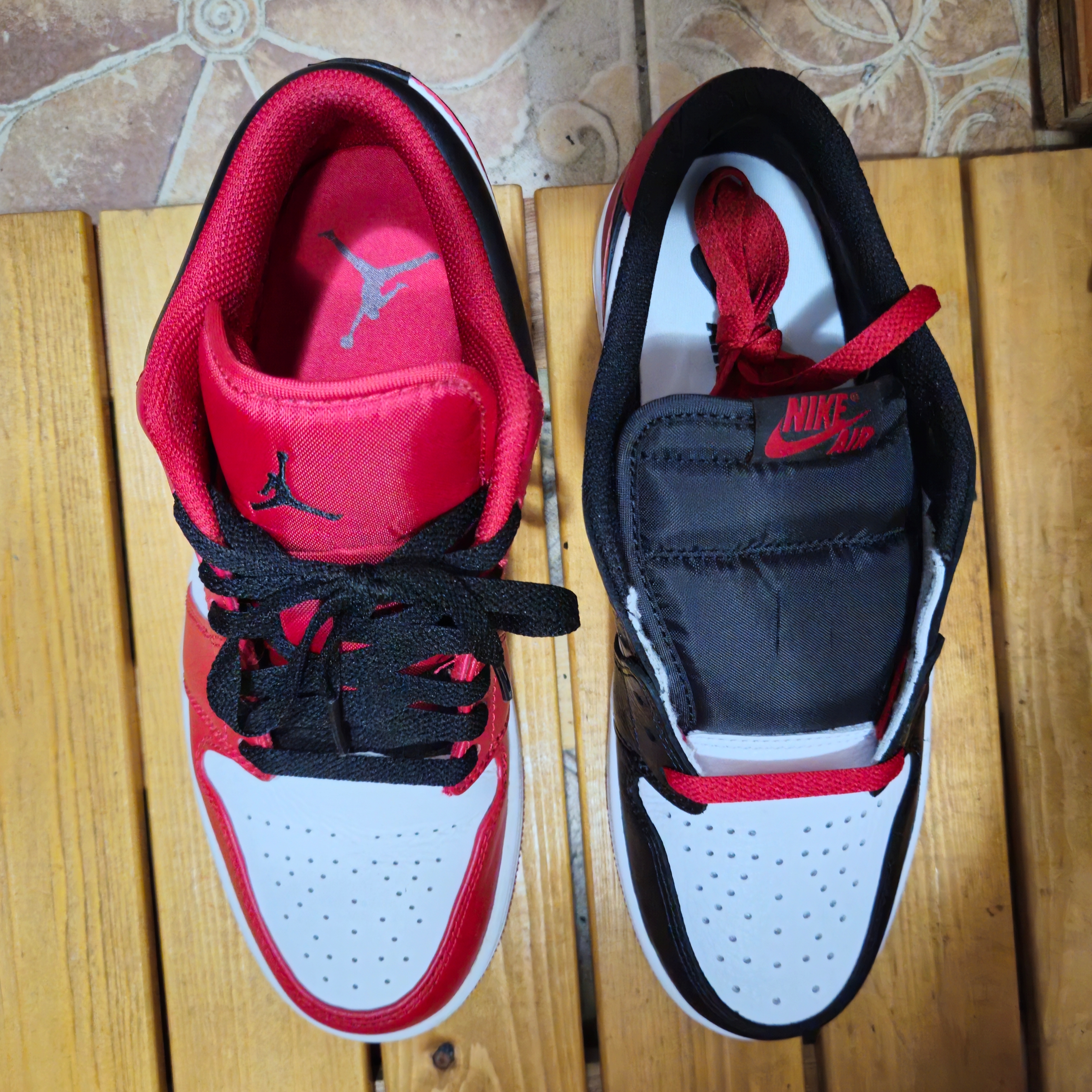 Jordan 1 Retro Low OG Black Toe, Jordan 1 Low White Gym Red Black 착용 스타일 - 5