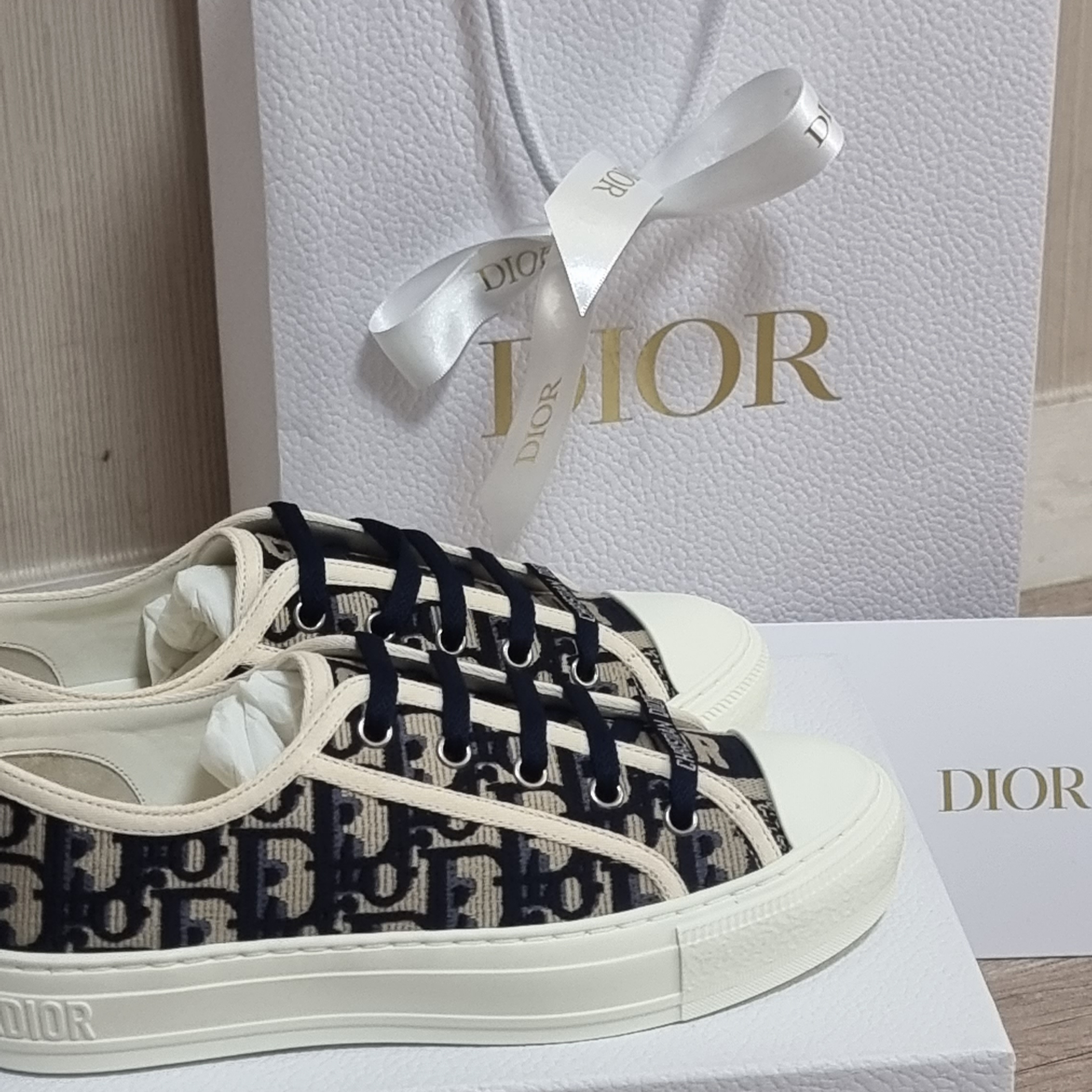 (W) Dior Walk'N'Dior Sneakers Oblique Navy 착용 스타일