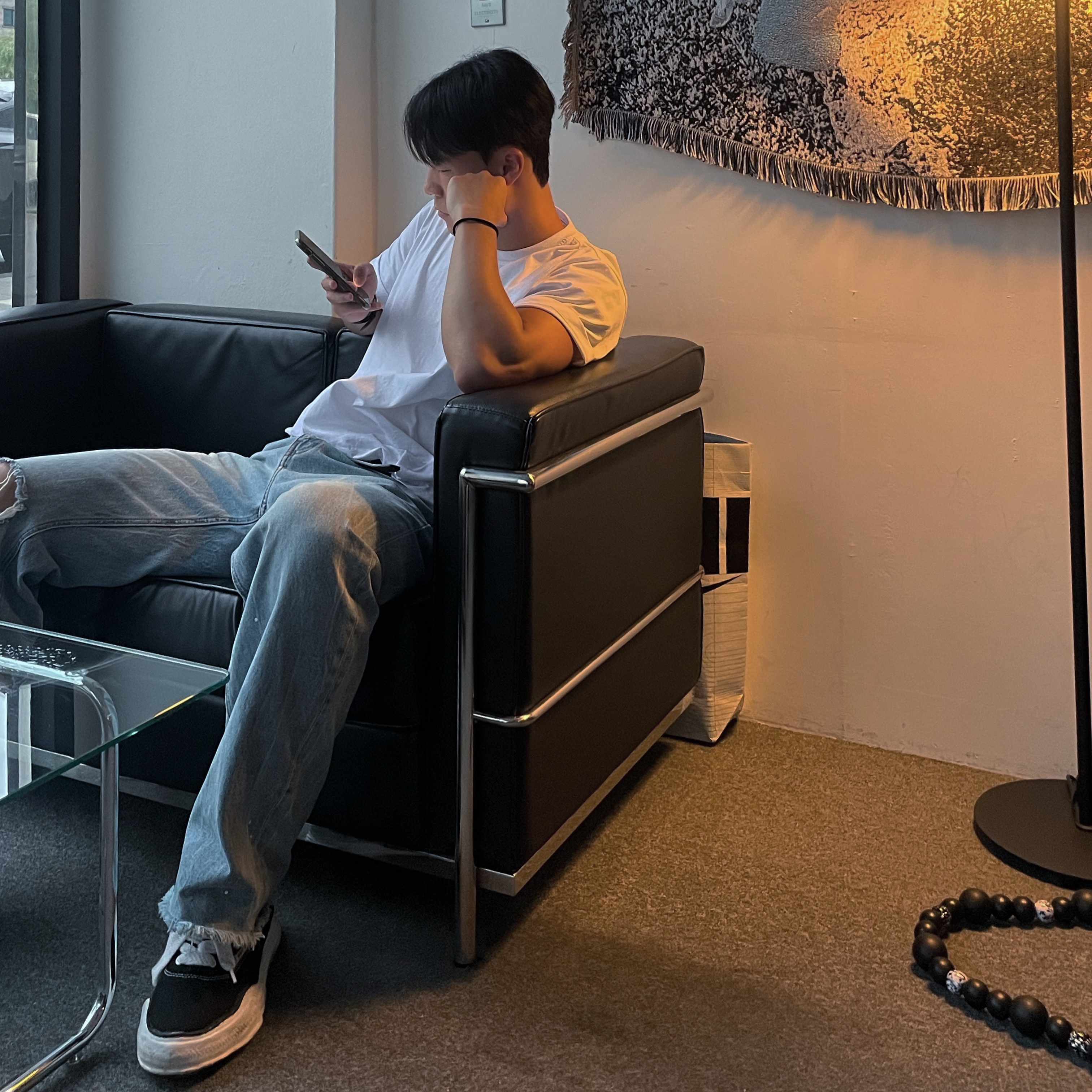 Maison Mihara Yasuhiro Baker OG Sole Canvas Low Cut Sneakers Black, Wooyoungmi Cotton Back Logo T-shirt White - 23SS 착용 스타일 - 1