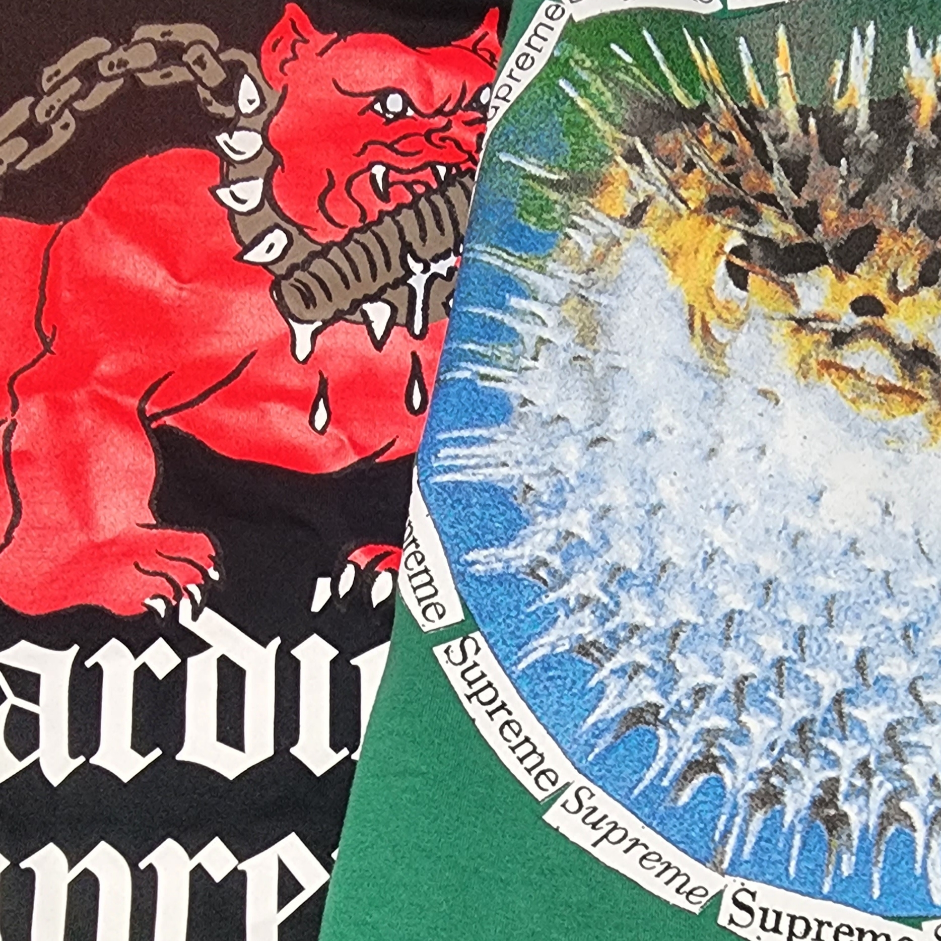Supreme Blowfish T-Shirt Light Pine - 23SS, Supreme x Hardies Dog T-Shirt Black - 23SS 착용 스타일