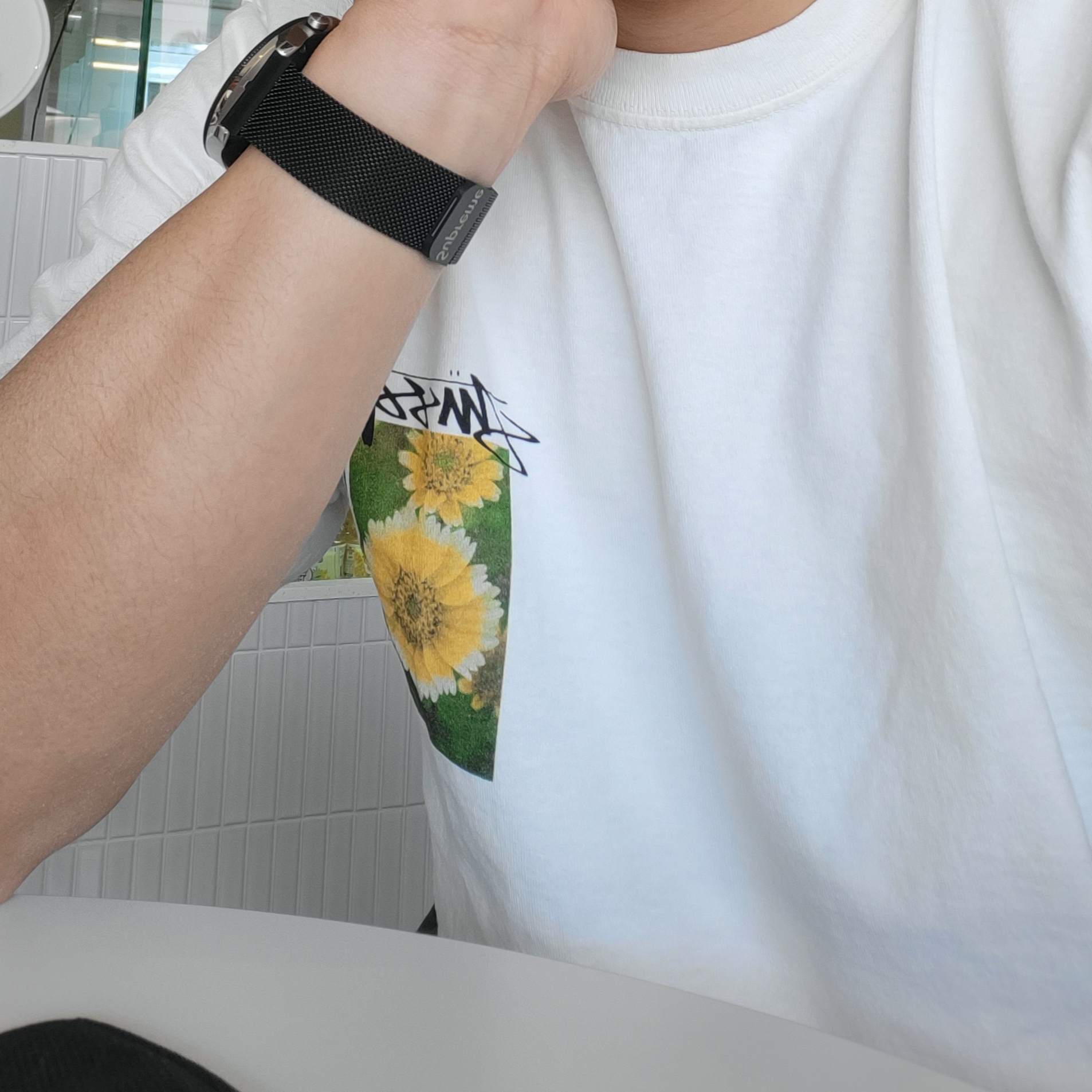 Stussy Flower Grid Pigment Dyed T-Shirt Natural 착용 스타일