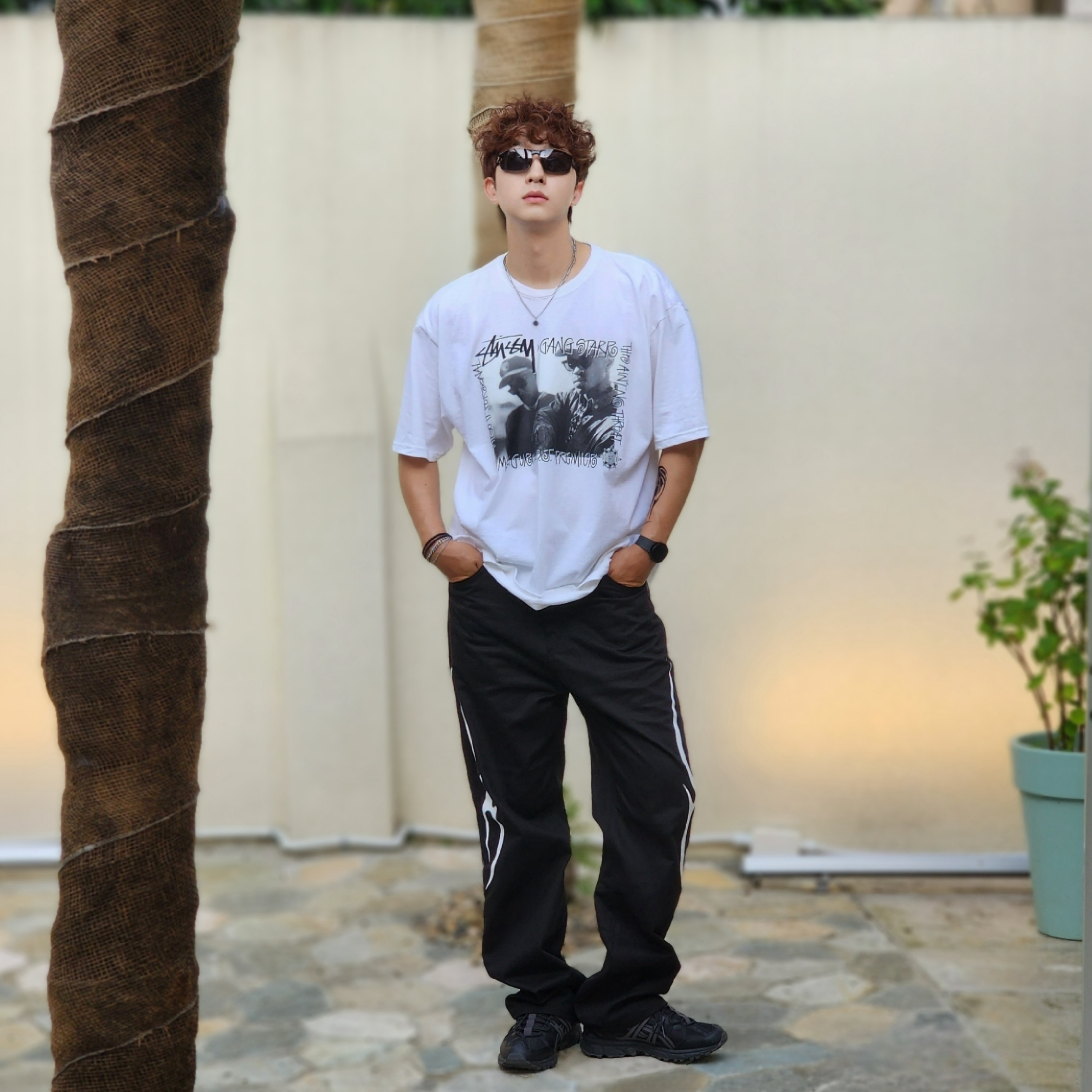 Stussy x Gang Starr Take It Personal T-Shirt White, Asics Gel-Sonoma 15-50 Black Obsidian Grey 착용 스타일 - 4
