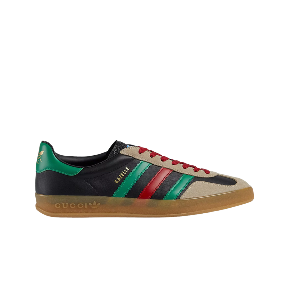 726487-AAA43-9549 Gucci x Adidas Gazelle Sneakers Black Leather Oatmeal Suede Green Red
