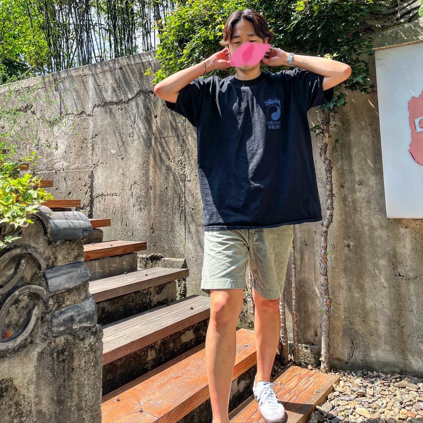 Stussy x Our Legacy Frame Pigment Dyed T-Shirt Black, Adidas Samba OG Cloud White 착용 스타일