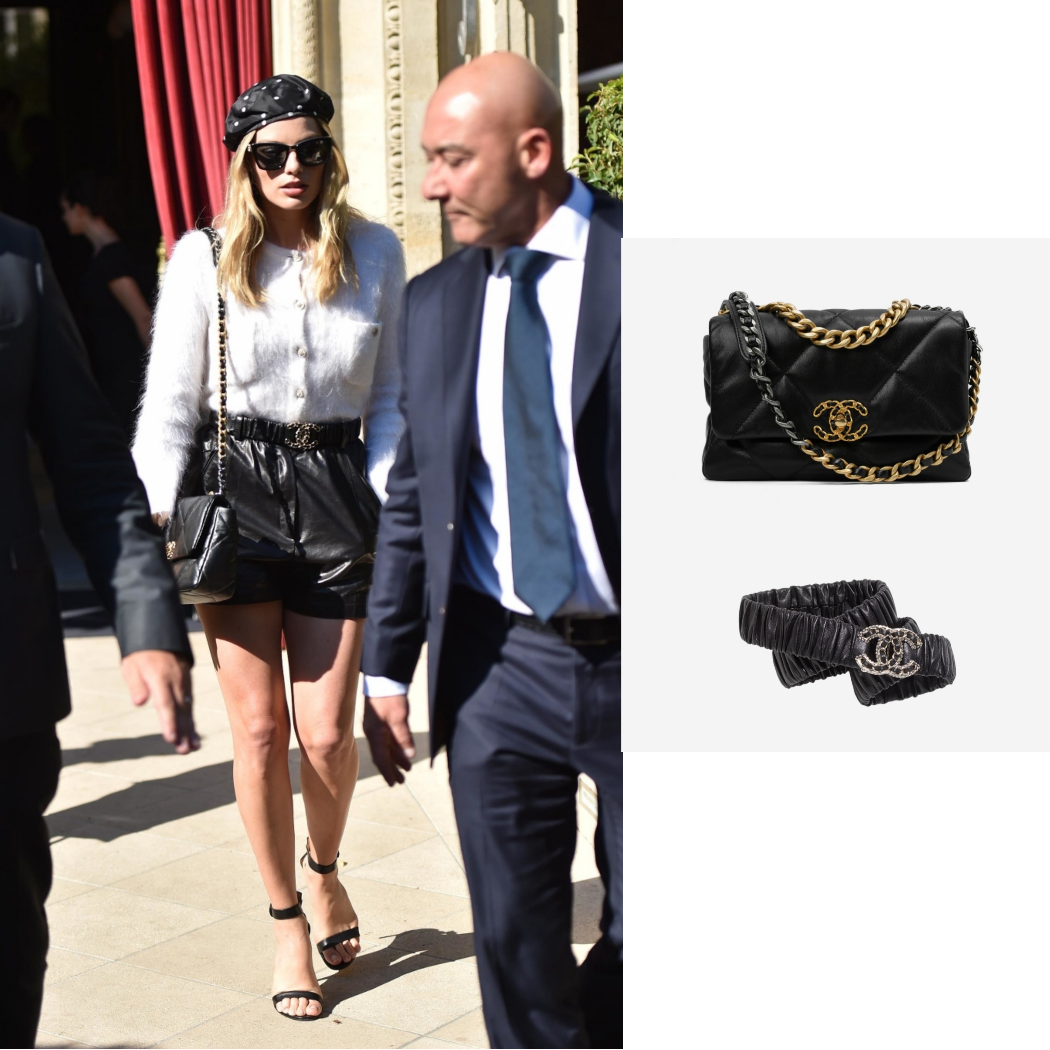 (W) Chanel Belt Lambskin Strass & Gold Black, Chanel Medium 19 Handbag Lambskin & Gold Black 착용 스타일
