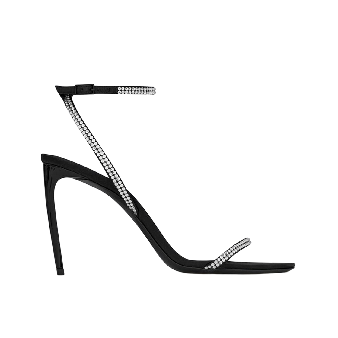 (W) 생로랑 조지아 샌들 크레페 사틴 라인스톤 블랙 앤 크리스탈((W) Saint Laurent Georgia Sandals in Crepe Satin with Rhinestones Black and Crystal) - 1