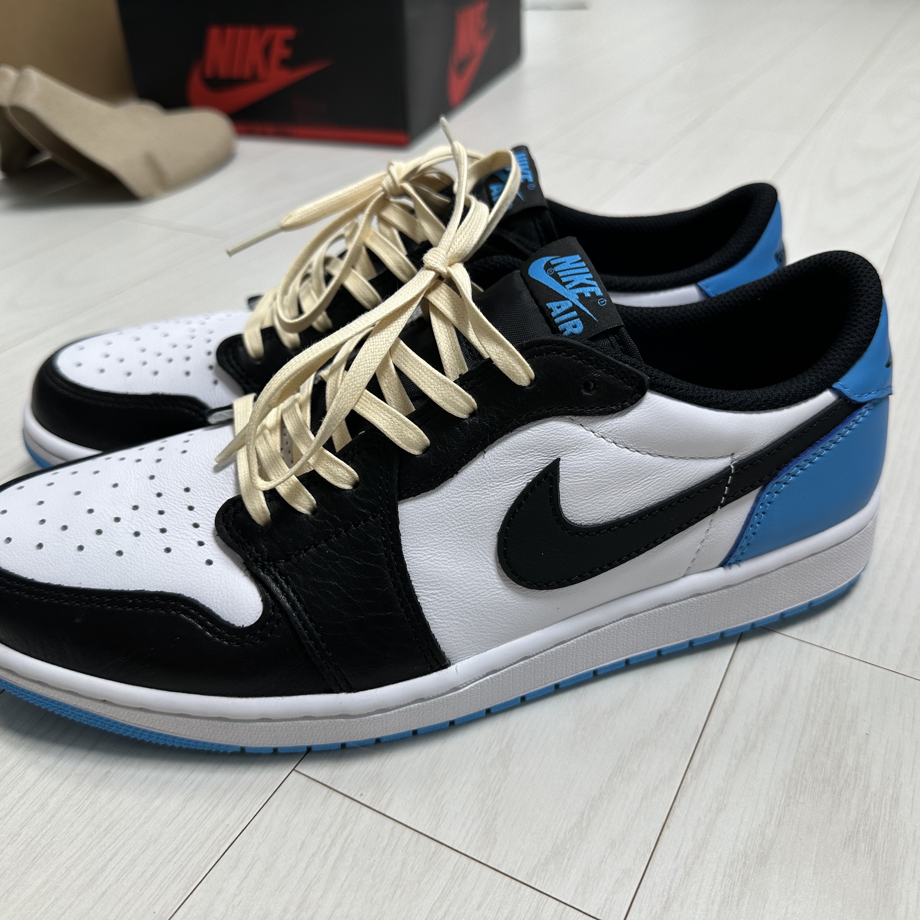 Jordan 1 Retro Low OG Black and Dark Powder Blue 착용 스타일 - 1