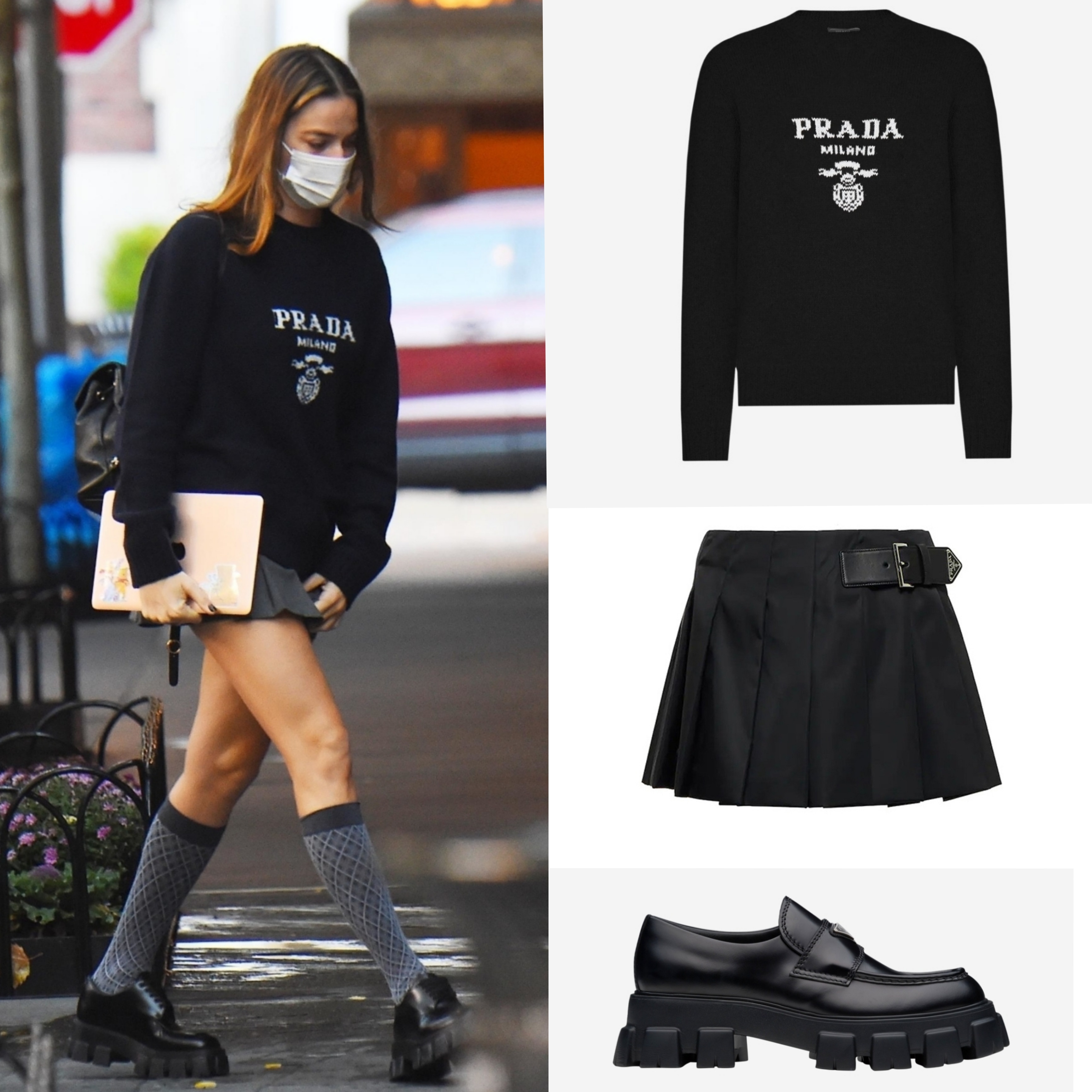 (W) Prada Wool Cashmere Logo Crewneck Sweater Black, Prada Monolith Brushed Leather Loafers Black 착용 스타일