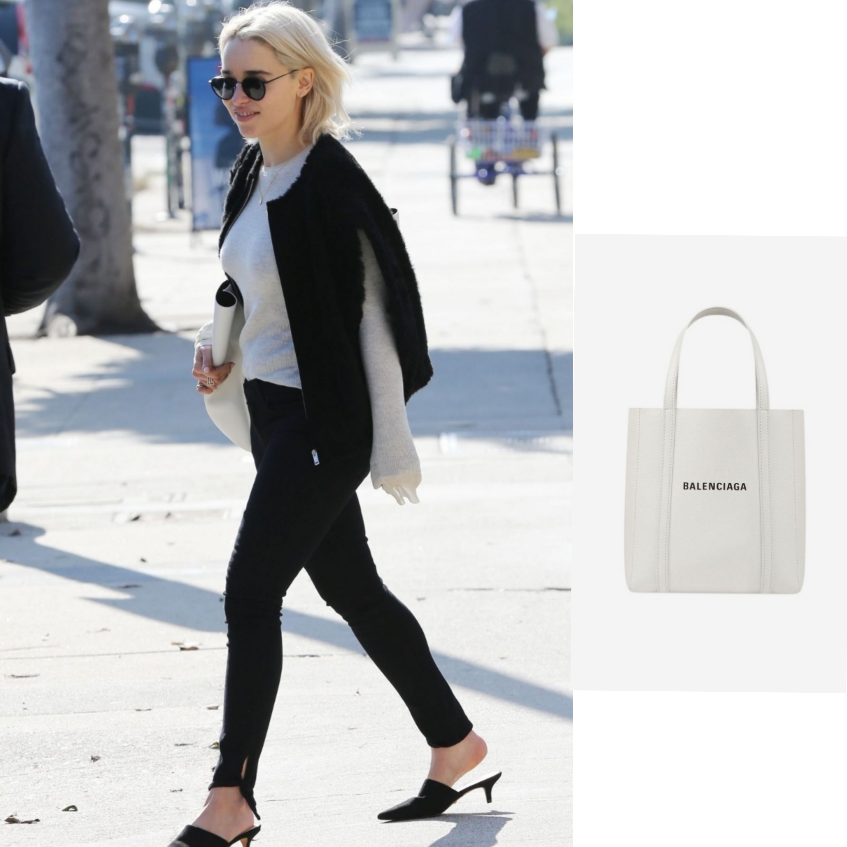Balenciaga Smooth Calfskin Everyday XXS Tote Bag White, Balenciaga Grained Calfskin Everyday Small North-South Shoulder Tote Bag White 착용 스타일