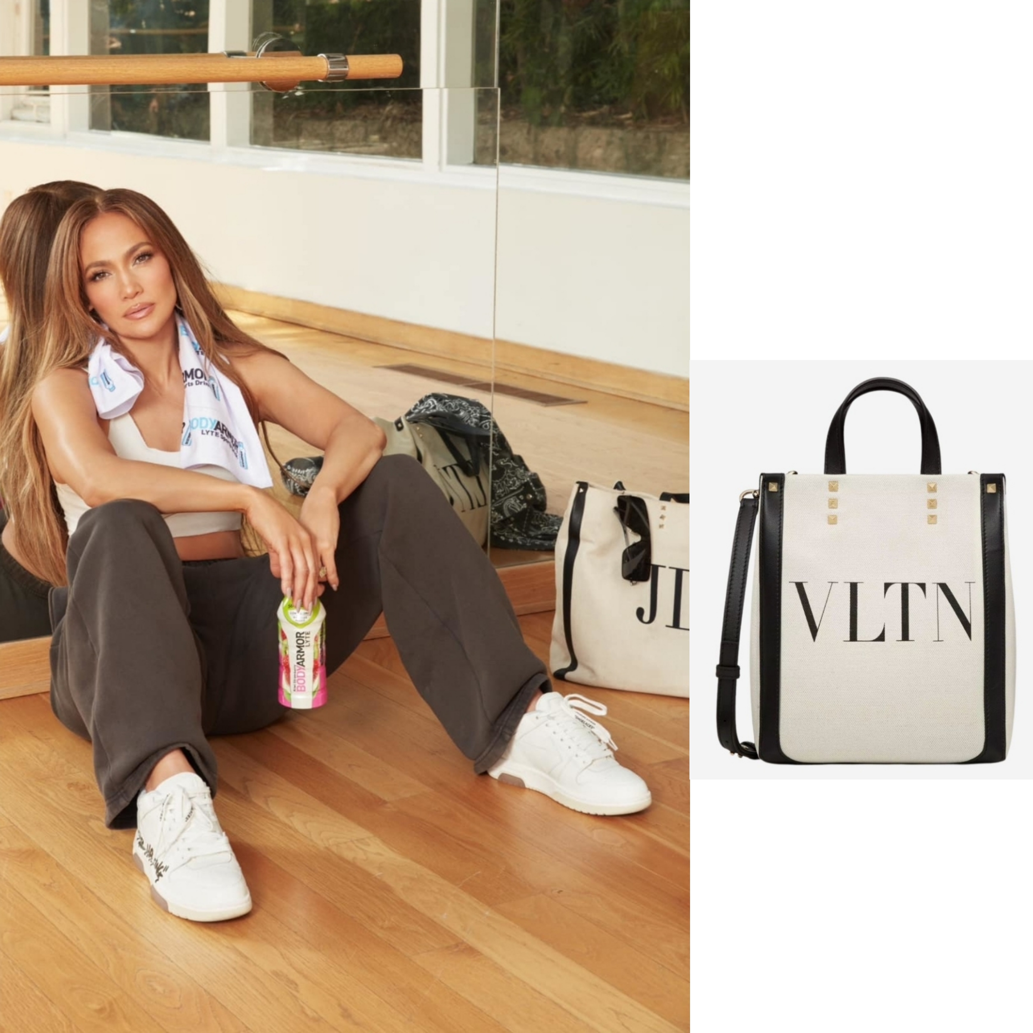 Valentino VLTN Canvas Mini Tote Bag Natural Black 착용 스타일