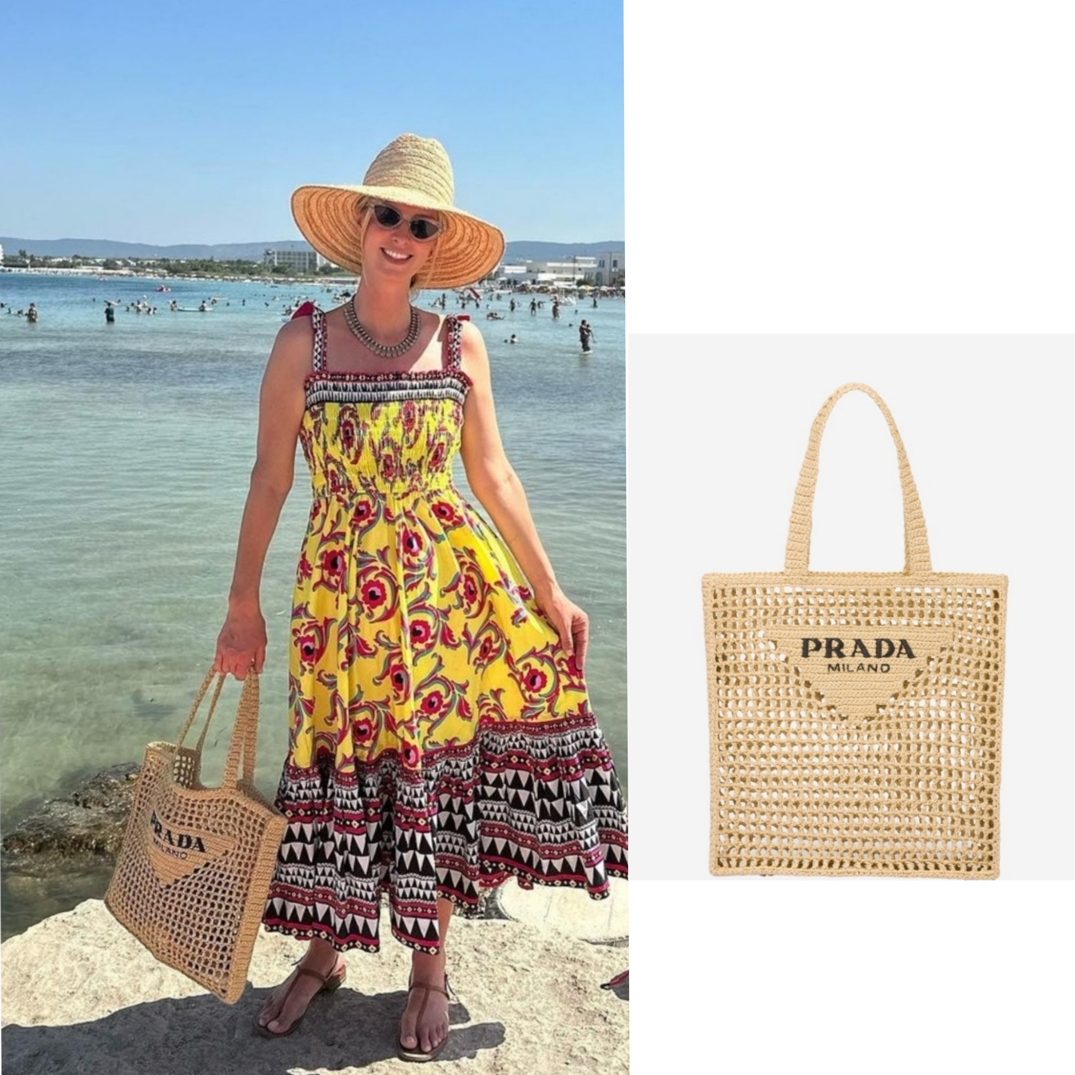 Prada Crochet Tote Bag Logo Natural, Prada Small Crochet Tote Bag Natural 착용 스타일